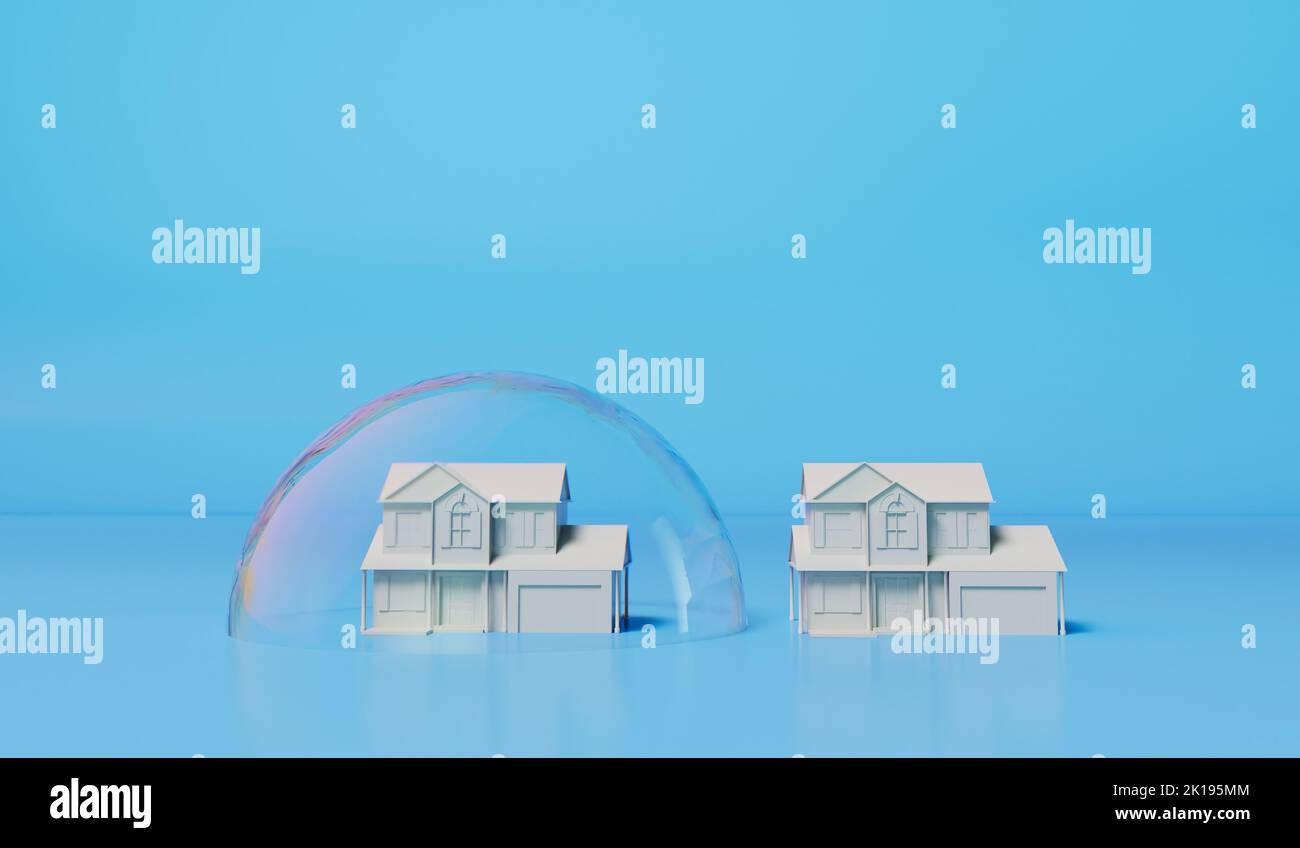 Housing bubble concept. White home in a transparent bubble. Property