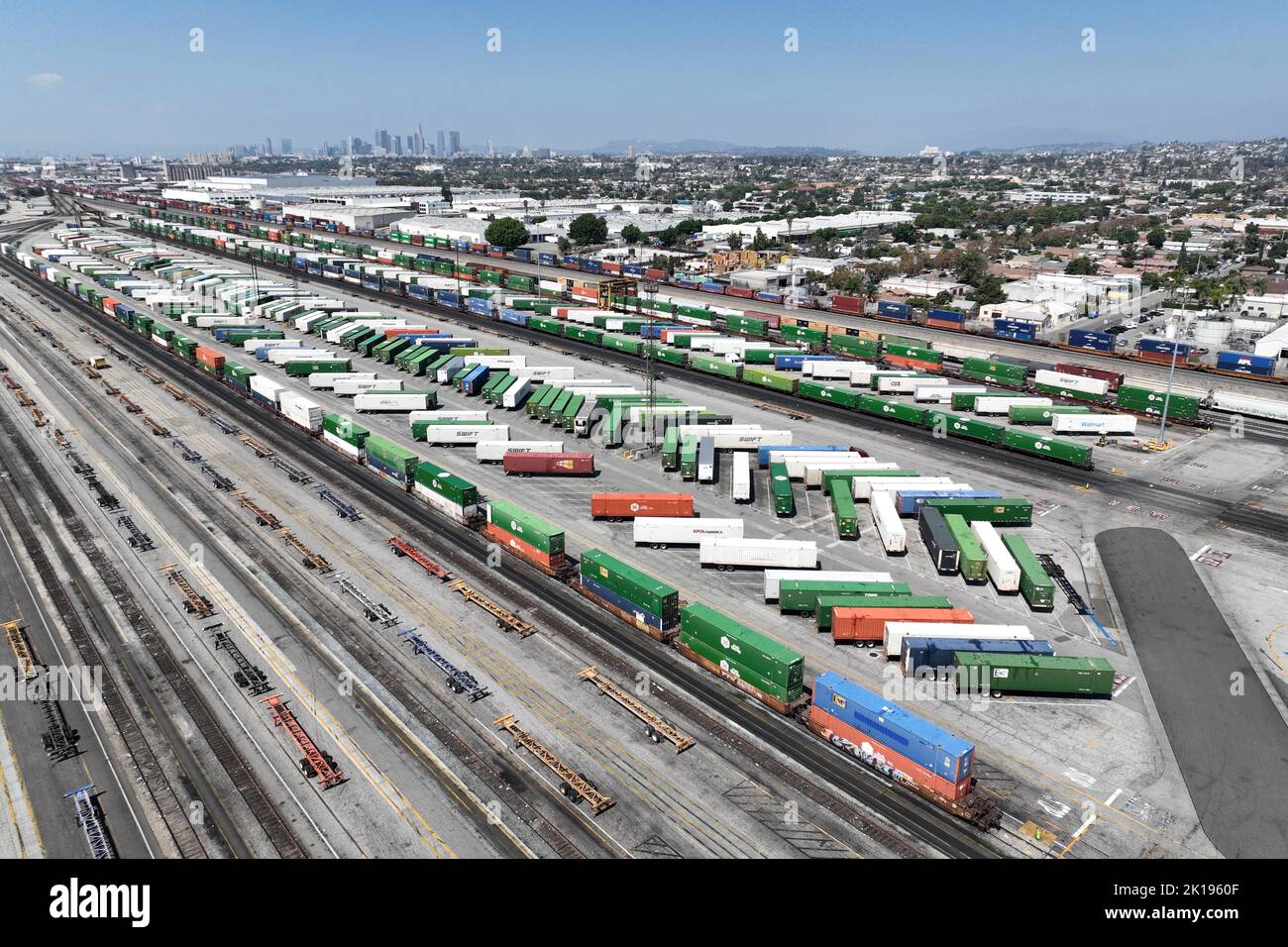 A general overall aerial view of freight train cars in a Union Pacific