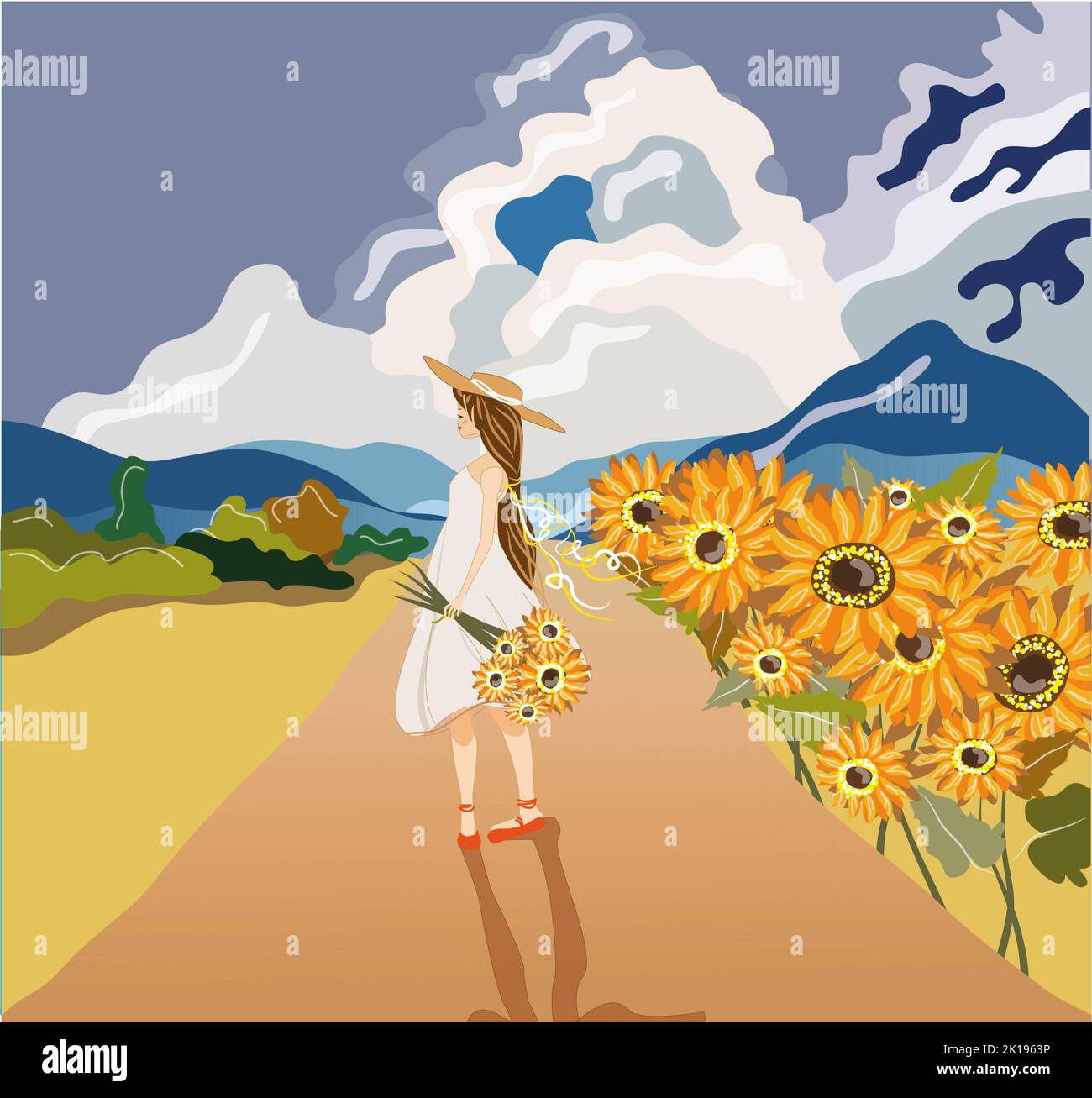 a girl in a summer dress and a hat of light shades holds a bouquet of flowers in her hands. field road and sunflower field. sunny weather, blue sky wi Stock Photo