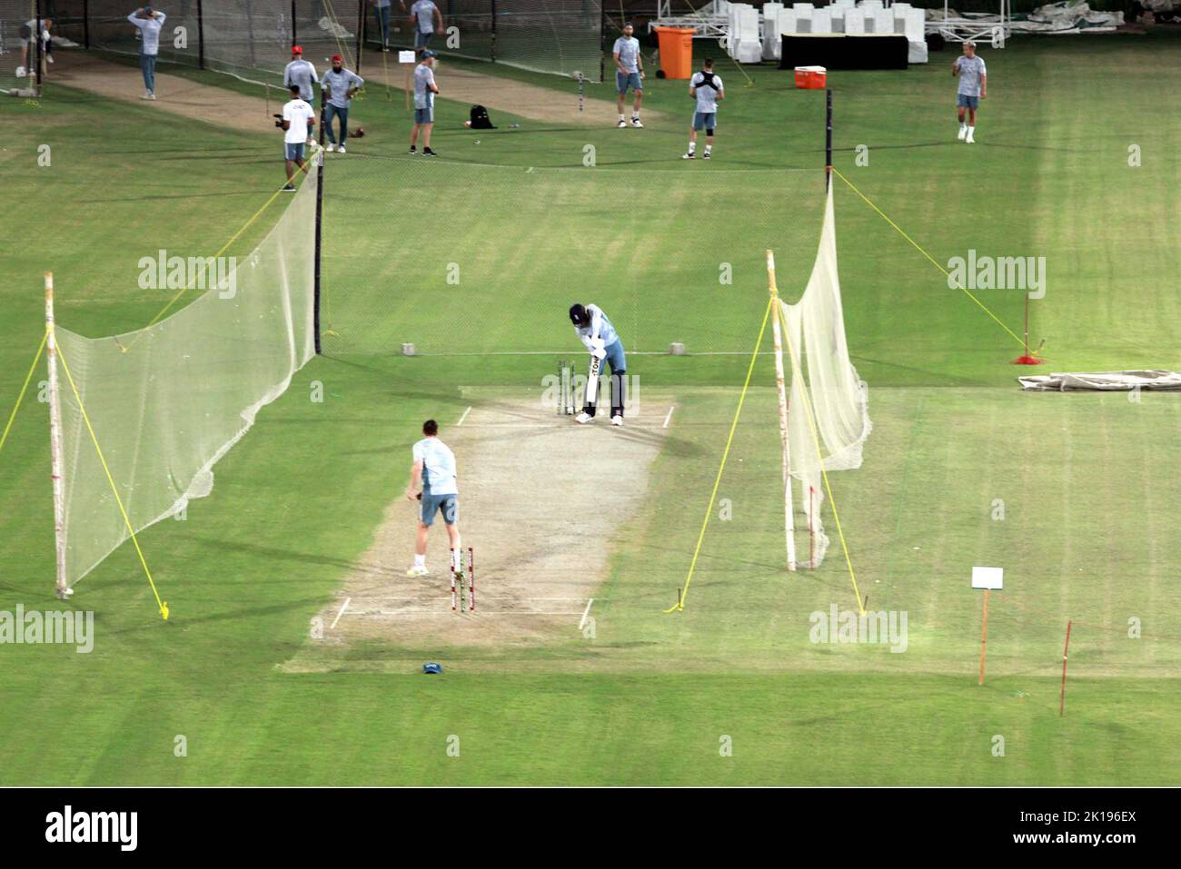 Pakistan. 16th Sep, 2022. England Cricket Team Players are warming up and improve their cricketing techniques during the net practice match for the upcoming Pakistan vs England T20 International Series, at National Stadium in Karachi on Friday, September 16, 2022. England cricket squad touched down in Karachi on their first tour of Pakistan in 17 years. England last played in Pakistan in 2005 and were due to visit last year until pulling out at short notice after New Zealand also cancelled a tour citing safety concerns. Credit: Asianet-Pakistan/Alamy Live News Stock Photo