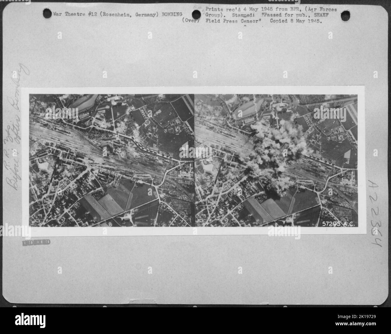 Before And After -- Bombs Strike The Center Of A Marshalling Yard, The Hub Of Four Railroad Spokes, At A Railroad Junction At Rosenheim, Germany, West Of Munich. Enemy Oppostion To Us 8Th Air force Bombers Was Slight With No Flak Being Thrown Up In Defense Of T Stock Photo