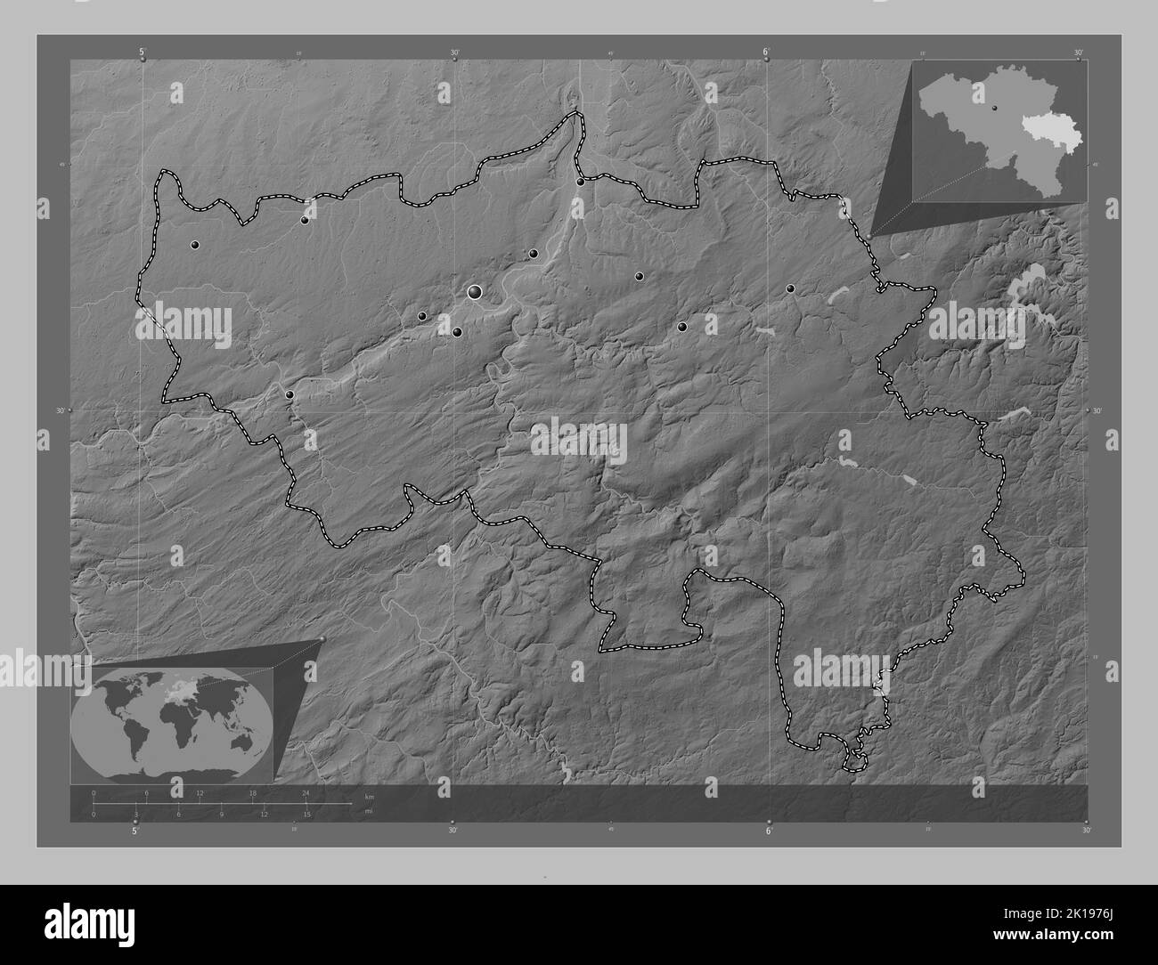 Liege, province of Belgium. Grayscale elevation map with lakes and