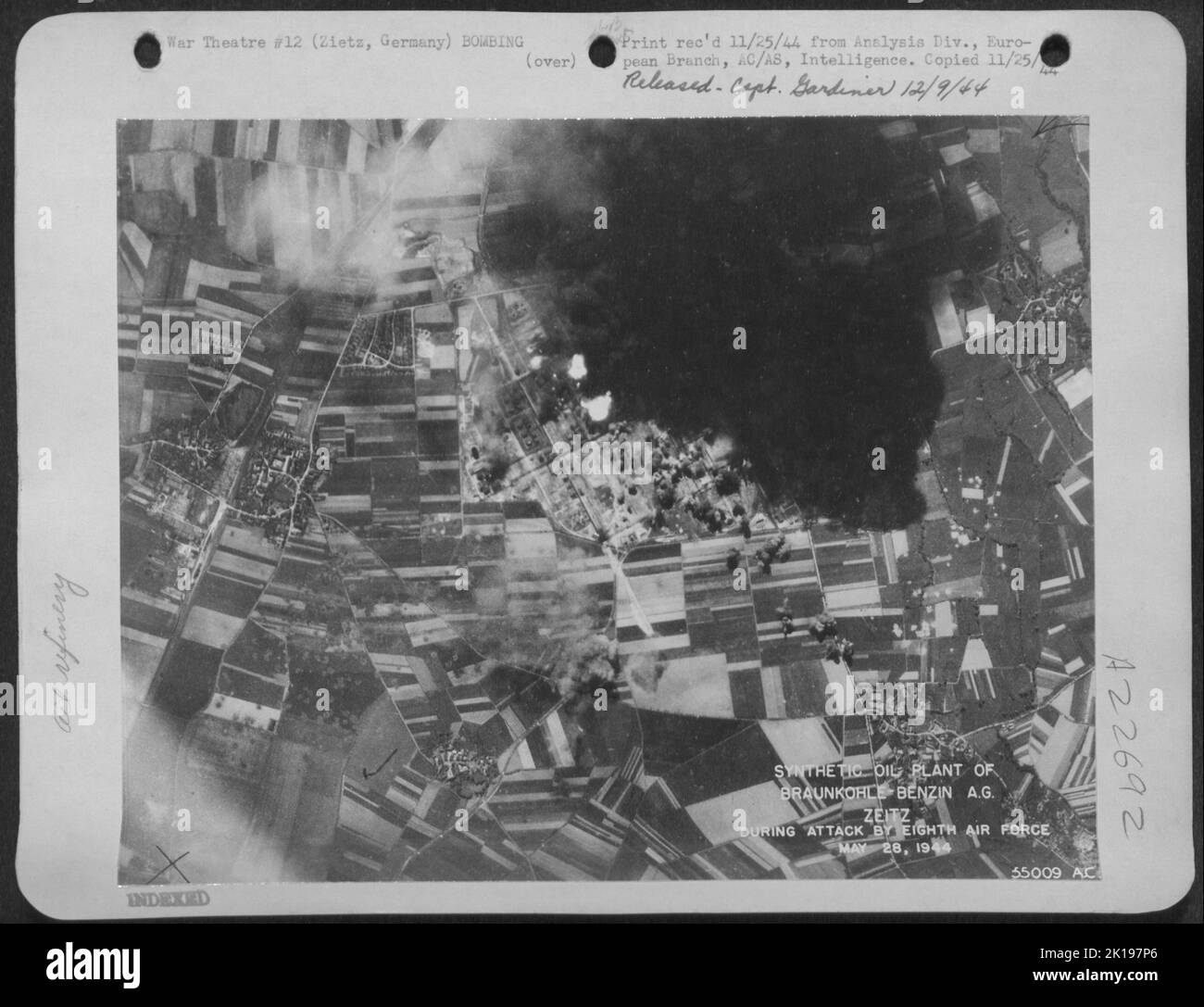 Synthetic oil plant of Braunkohle-Benzin A.G. at Zietz, Germany. During attack by 8th Air Force 28 May 1944. Stock Photo