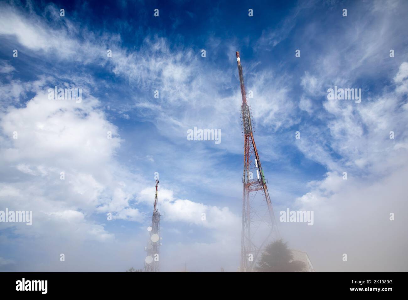 Construction of the transmitter tower on Mount Pantokrator, island of Corfu, Greece Stock Photo
