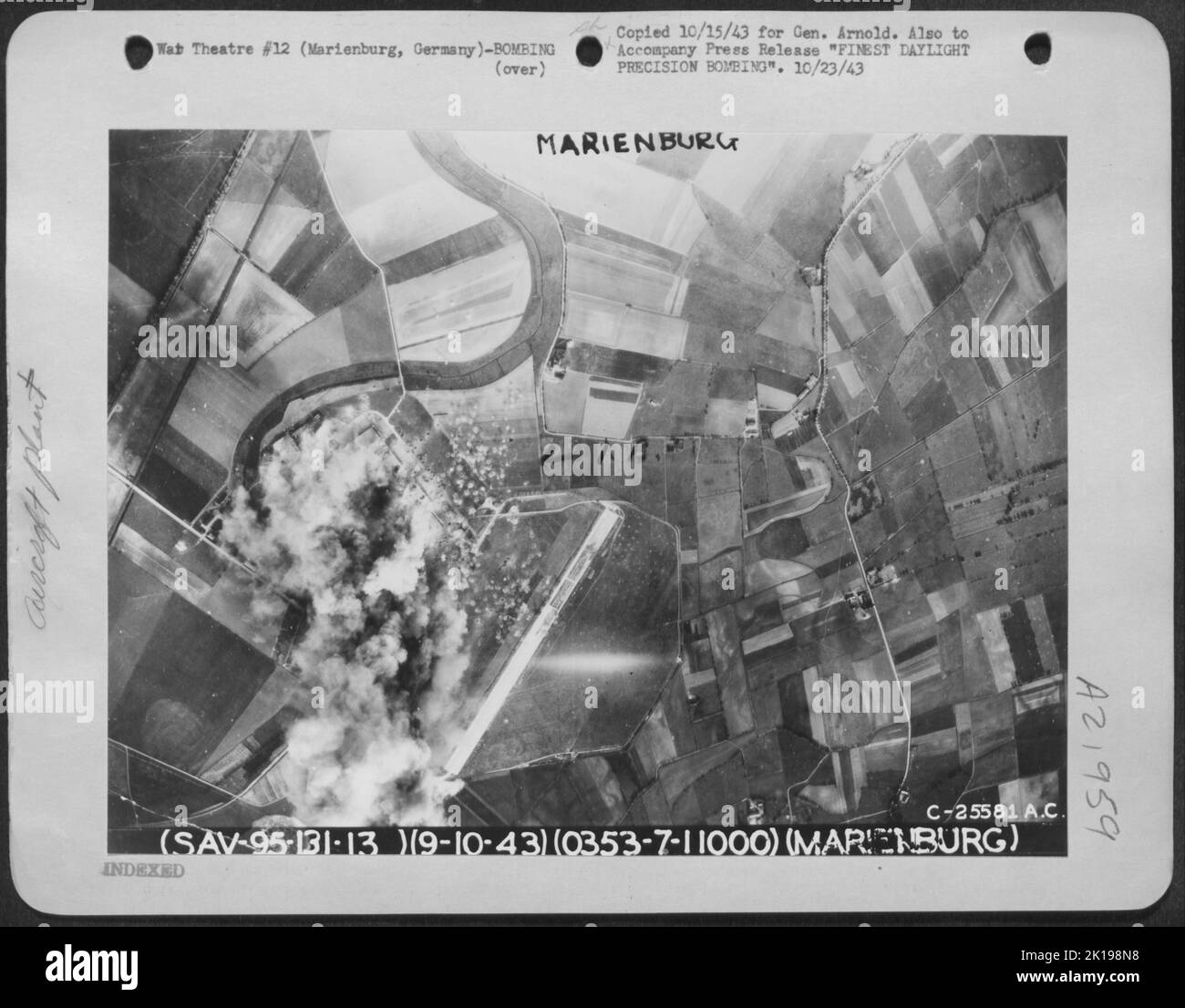 Reconnaissance view of the important plant soon after the raid reveals that it has been entirely devastated Assembly shops, hangars, and more than a score of smaller structures have been destroyed. Stock Photo