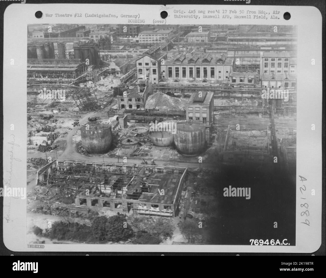 An Aerial View Of The Vast I.G. Farbenindustrie Synthetic Chemical Plant In Ludwigshafen, Germany, Showing Damage Due To Allied Air Attacks. Stock Photo