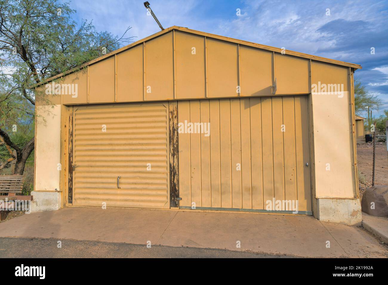 Tucson, Arizona Detached garage exterior with painted cream two garage