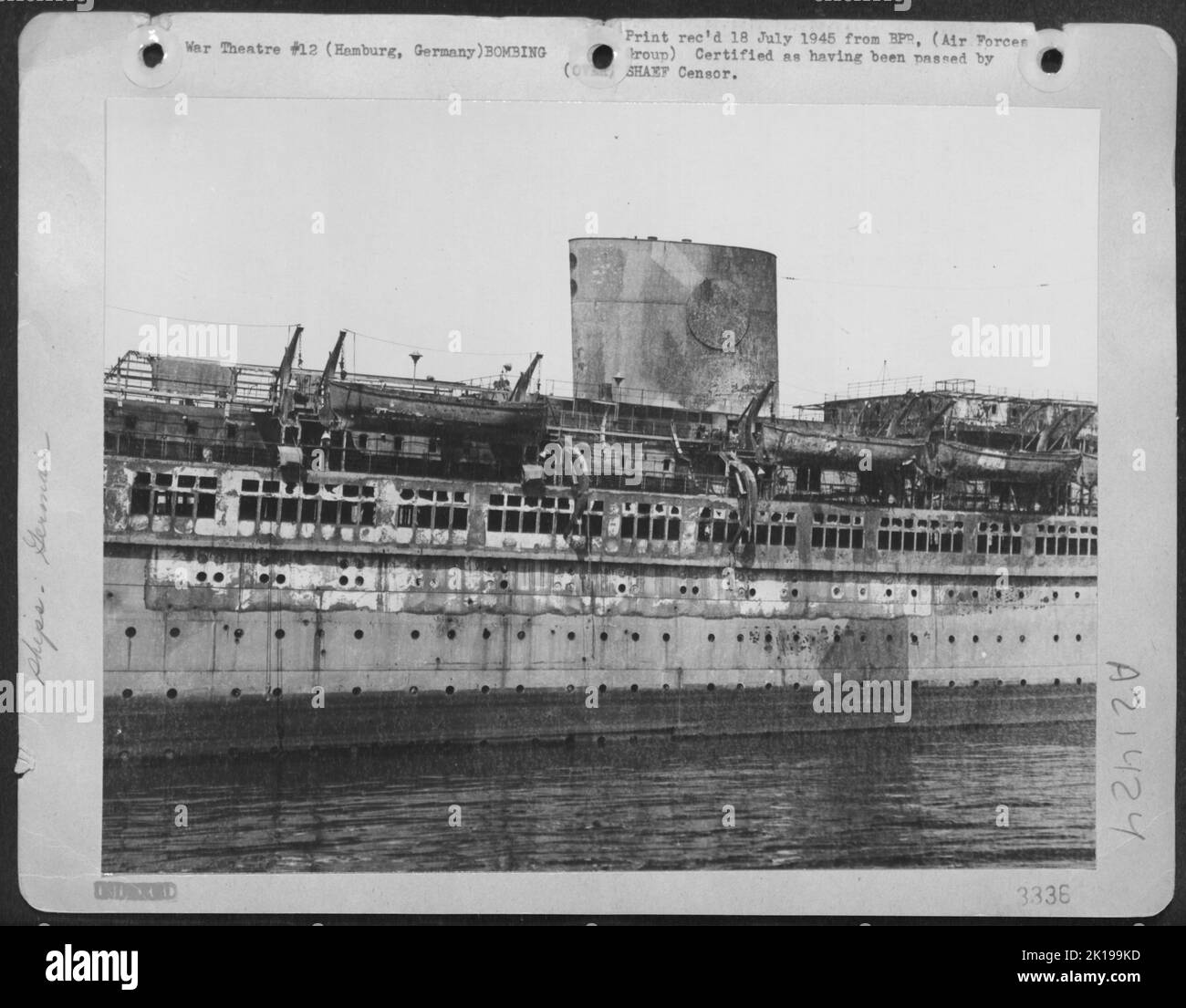 Hamburg Germany -- Namesake Of Robert Ley, The Nazi Labor Camp Front Leader Now A Prisoner Of The Allied Armies, Is The 28,000-Ton Liner Built In 1938 For The 'Strength Through Joy' Movement Cruises. It Was Gutted By Fire As A Result Of One Of The Attack Stock Photo