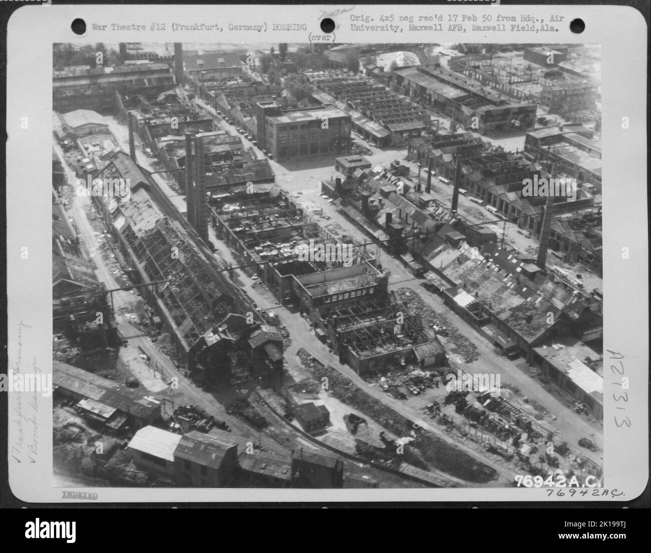 Aerial View Of The Vereinigte-Deutsche Metall-Werke Plant At Frankfurt, Germany, Showing Damage Done By Allied Air Attacks. Stock Photo