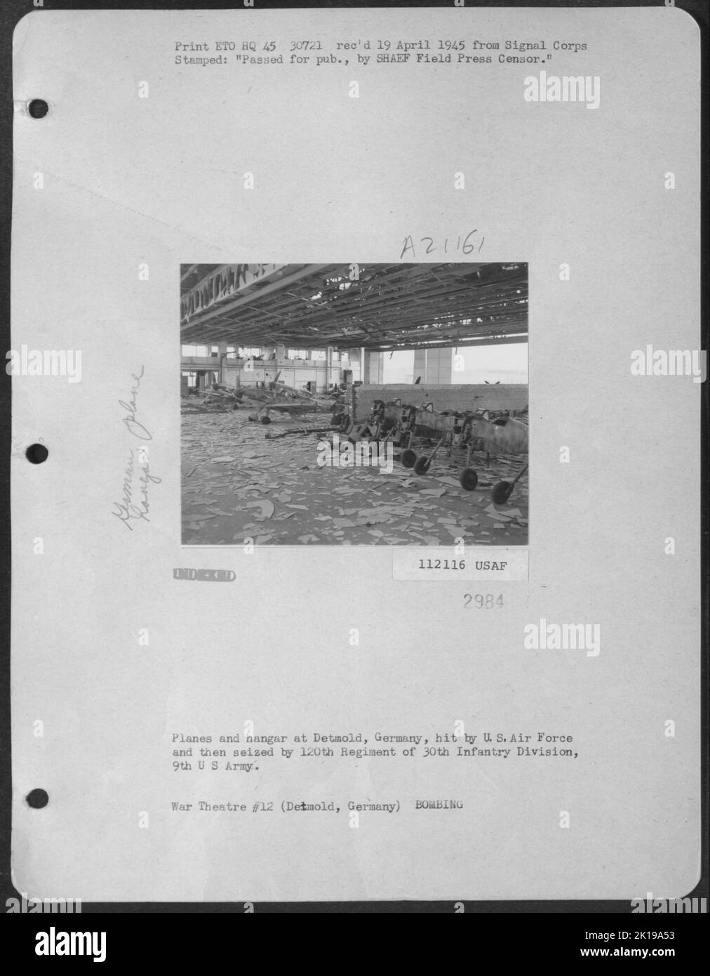 Planes And Hangar At Detmold, Germany, Hit By Us Air Force And Then Seized By 120Th Regiment Of 30Th Infantry Division, 9Th Us Army. Stock Photo