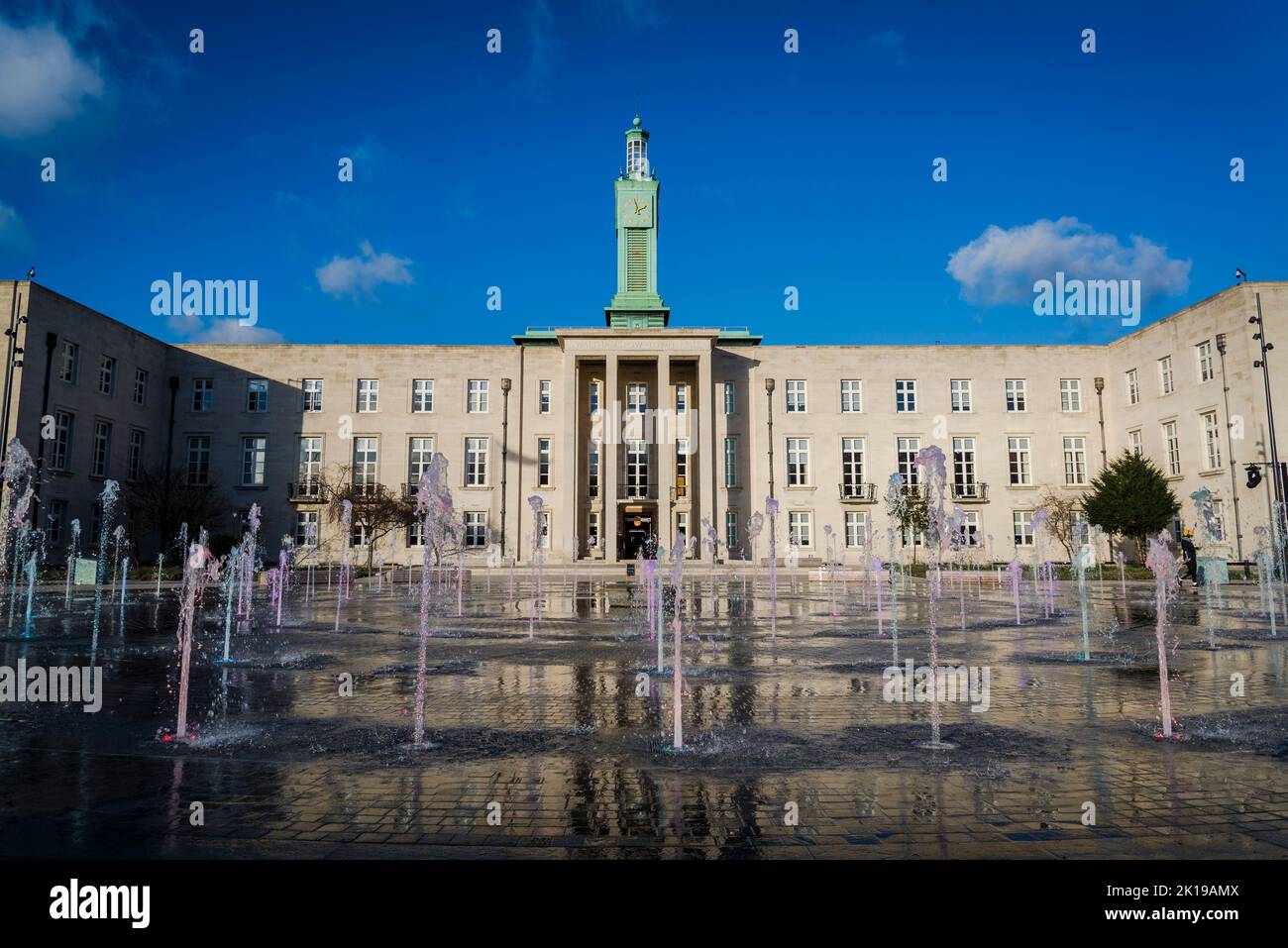 Fountain in front of Waltham Forest Town Hall, a Grade II Listed Building, built in 1942 in Stripped Classicism Architectural Style, Walthamstow, London, England, UK Stock Photo