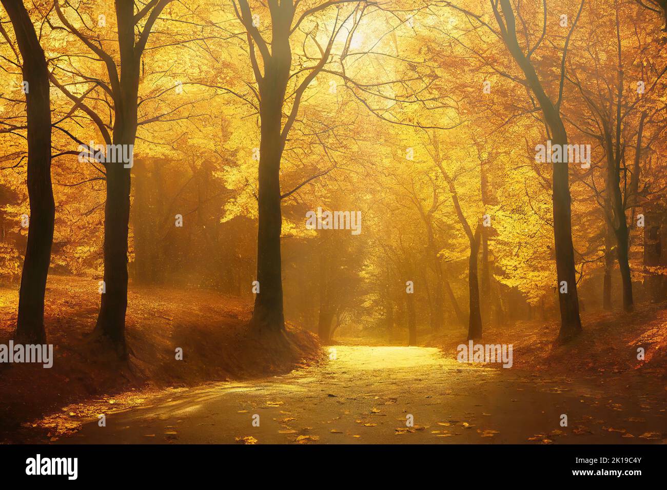Alley perspective in sunlit autumn park with golden mist and fallen yellow leaves, beautiful landscape. Digital illustration based on render by neural Stock Photo