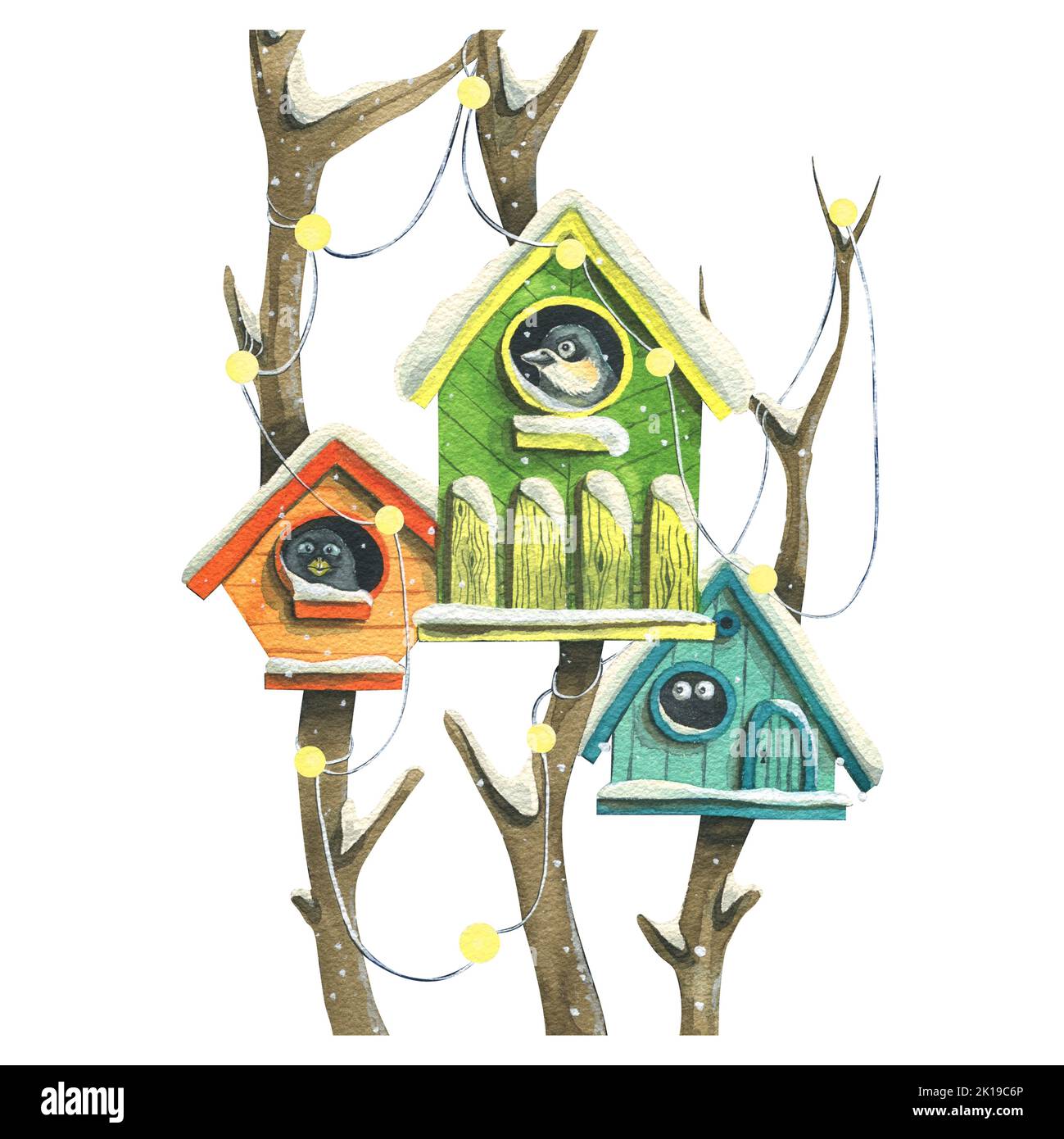 Colorful birdhouses with birds on trees with lights, garlands and snow