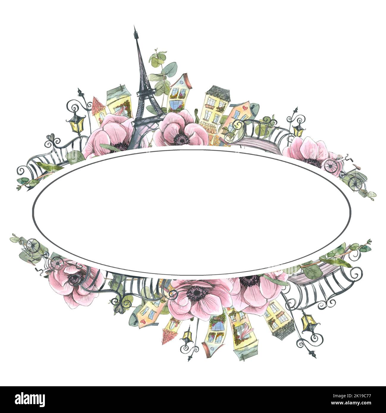 Oval frame with Eiffel tower, cute houses, anemone flowers. Watercolor illustration in sketch style with graphic elements. A board from a large set of Stock Photo