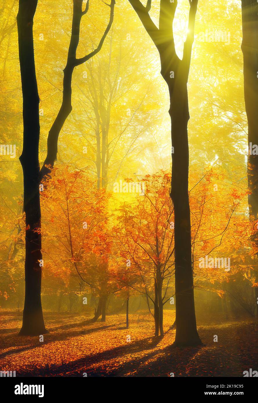 Colorful red and yellow trees in autumn forest, backlit silhouettes with sun shining through the branches, vertical format. Digital illustration based Stock Photo