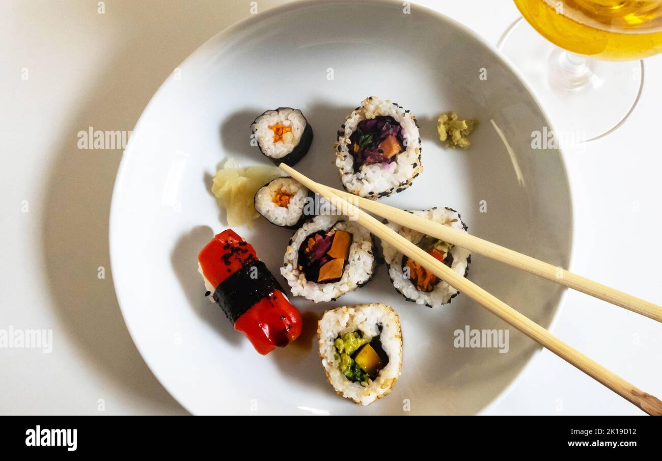 Vegetable sushi and beer Stock Photo