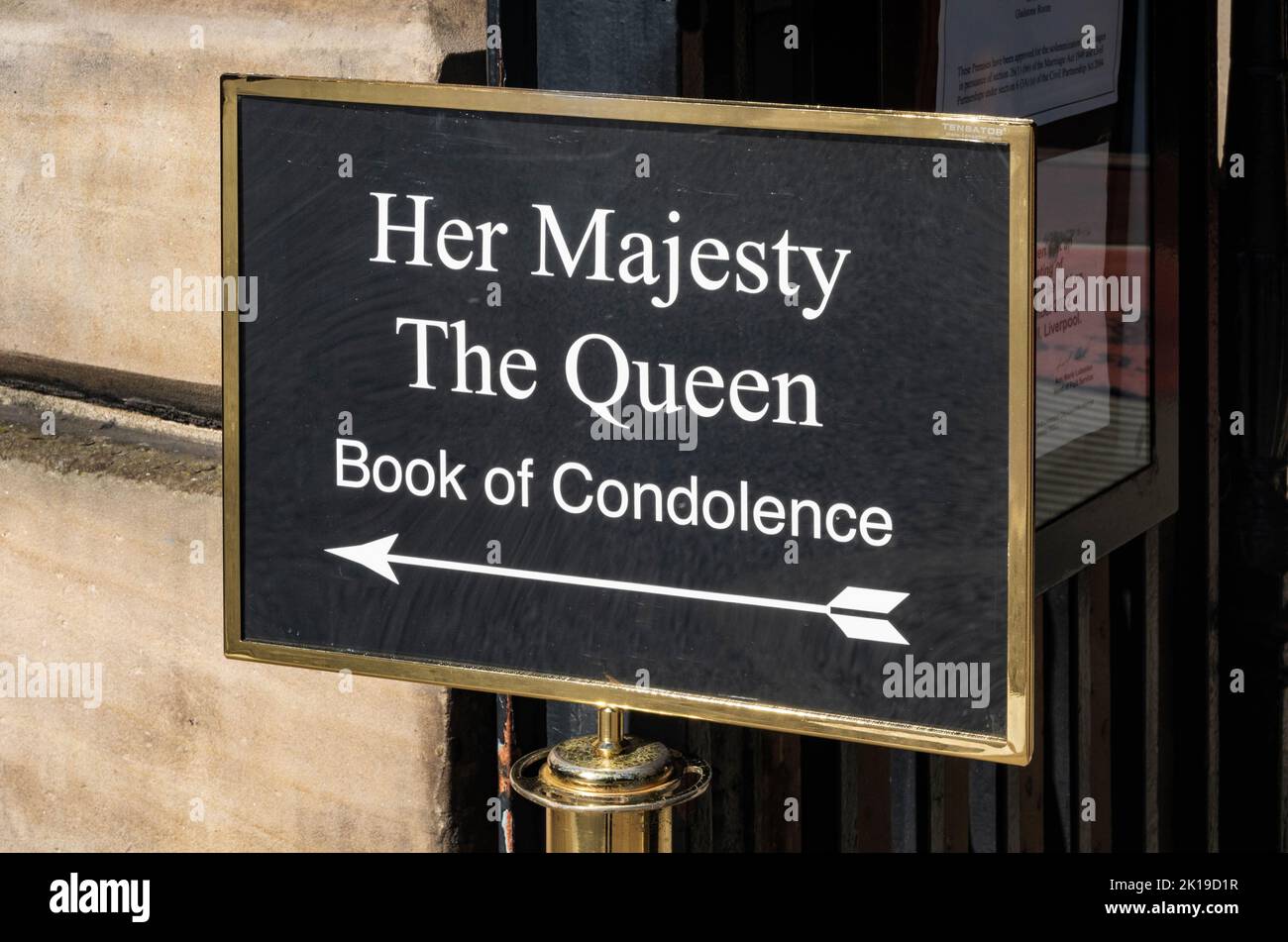Her Majesty the Queen Book of Condolence sign outside Liverpool Town Hall Stock Photo