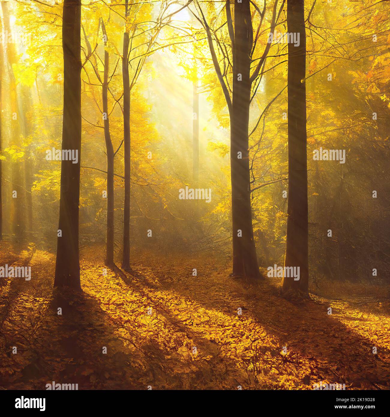 Sunny day in autumn park, sun beams shining through tree branches, square format. Digital illustration based on render by neural network Stock Photo