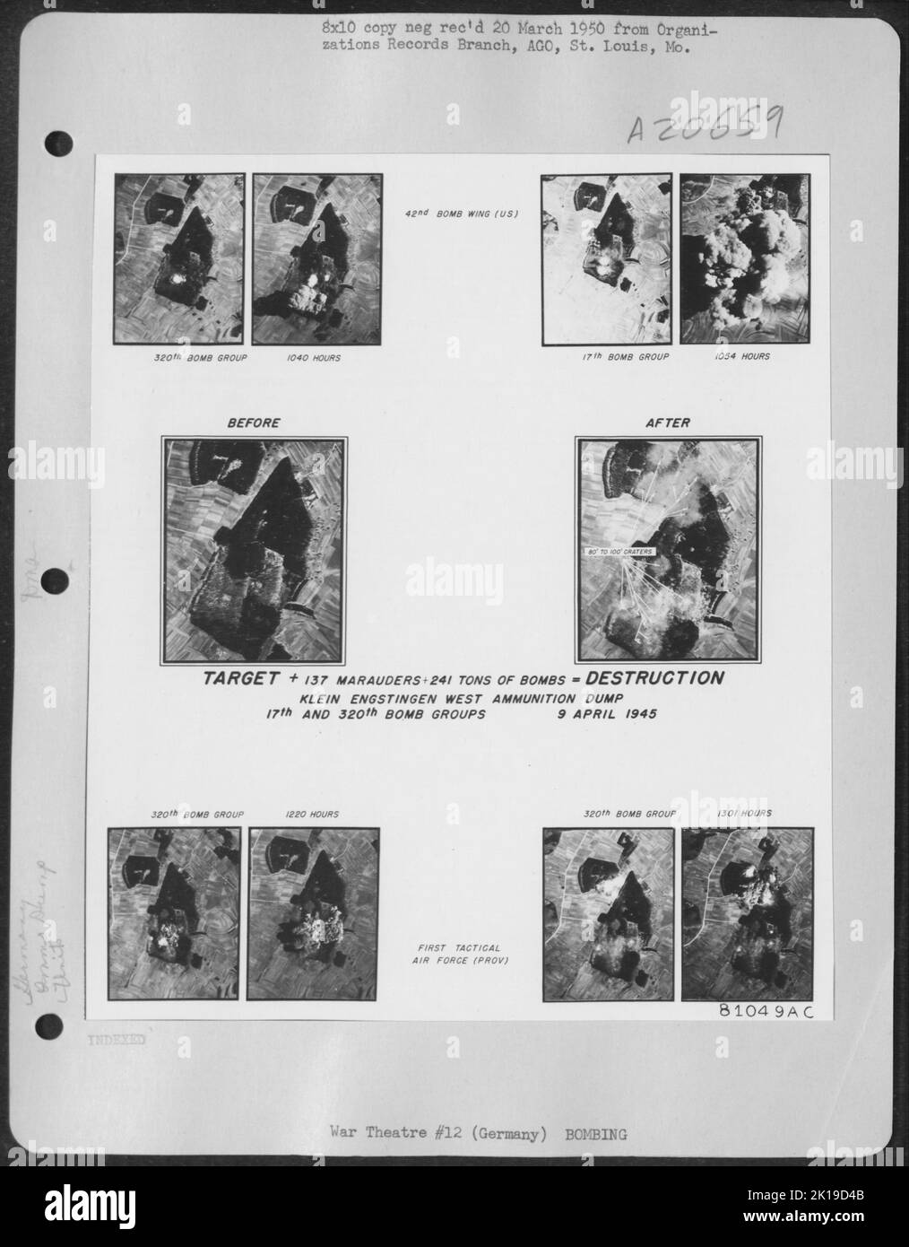 Target Plus 137 Martin B-26 Marauder Plus 240 Tons Of Bombs Equals Destruction. Klein Engstingen West Ammo Dump. 17Th & 320Th Bomb Groups. 9 April 1945. Before & After Stock Photo