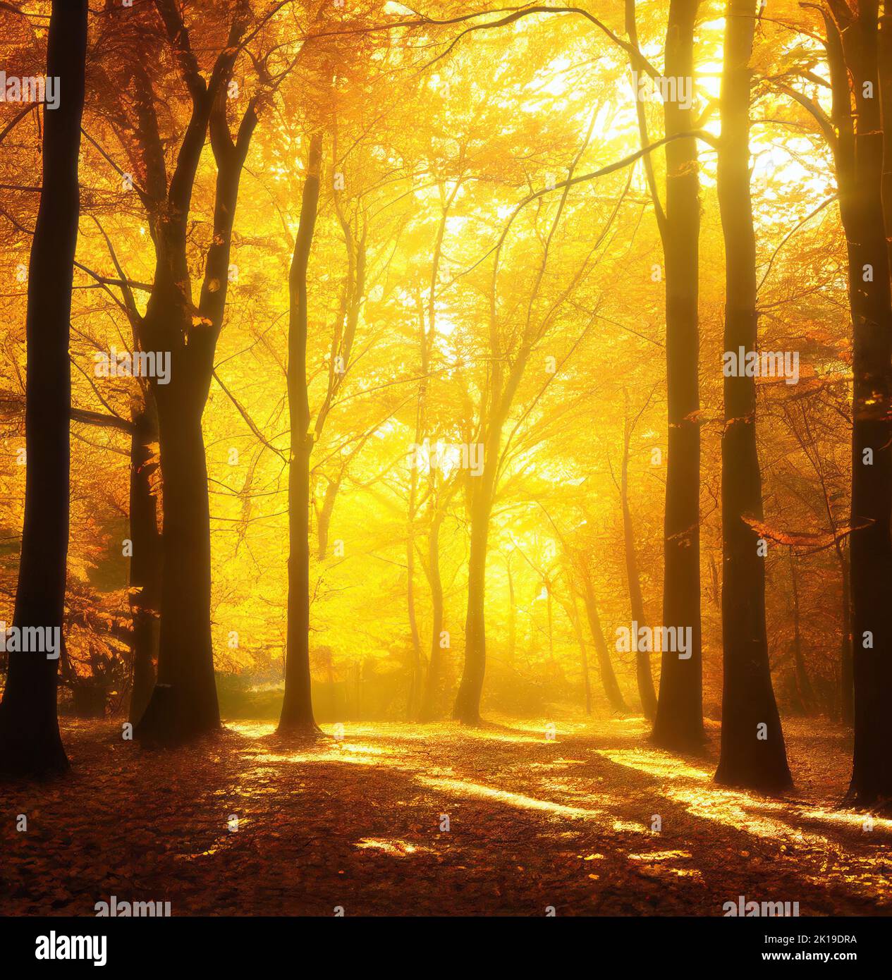 Enchanted golden sunlight in autumn forest, backlit tree silhouettes and yellow foliage. Digital illustration based on render by neural network Stock Photo