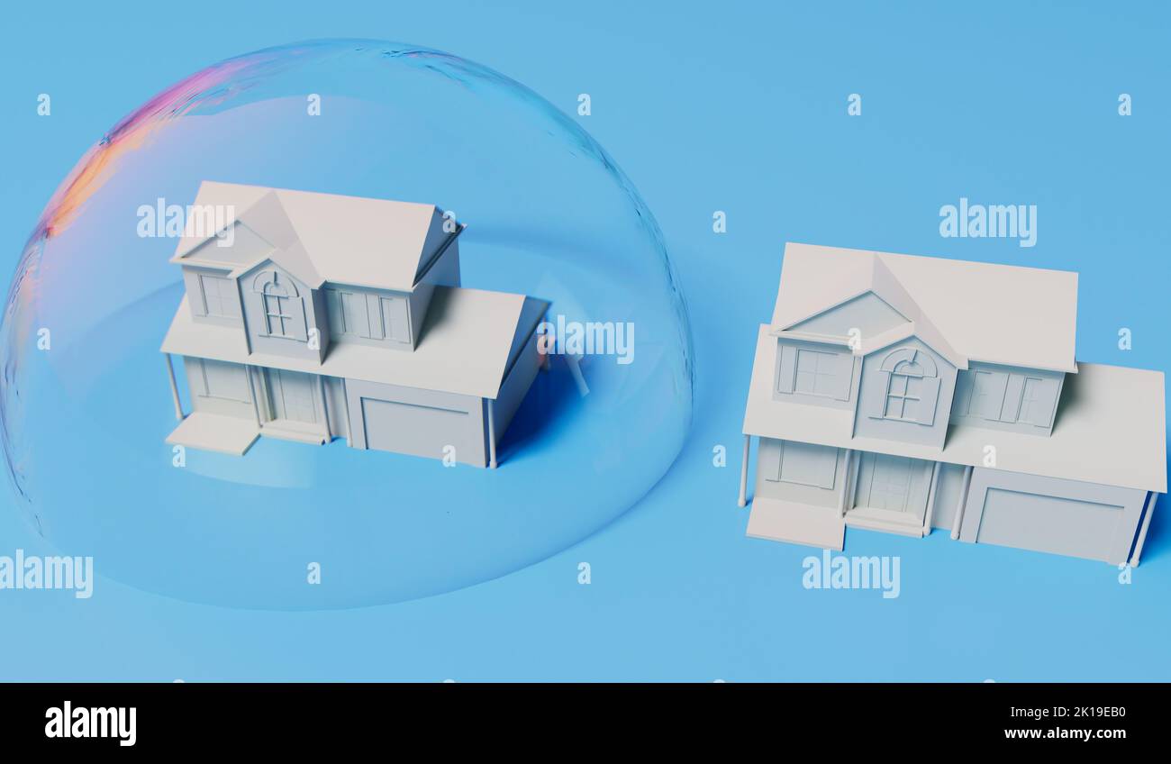 Housing bubble concept. White home in a transparent bubble. Property