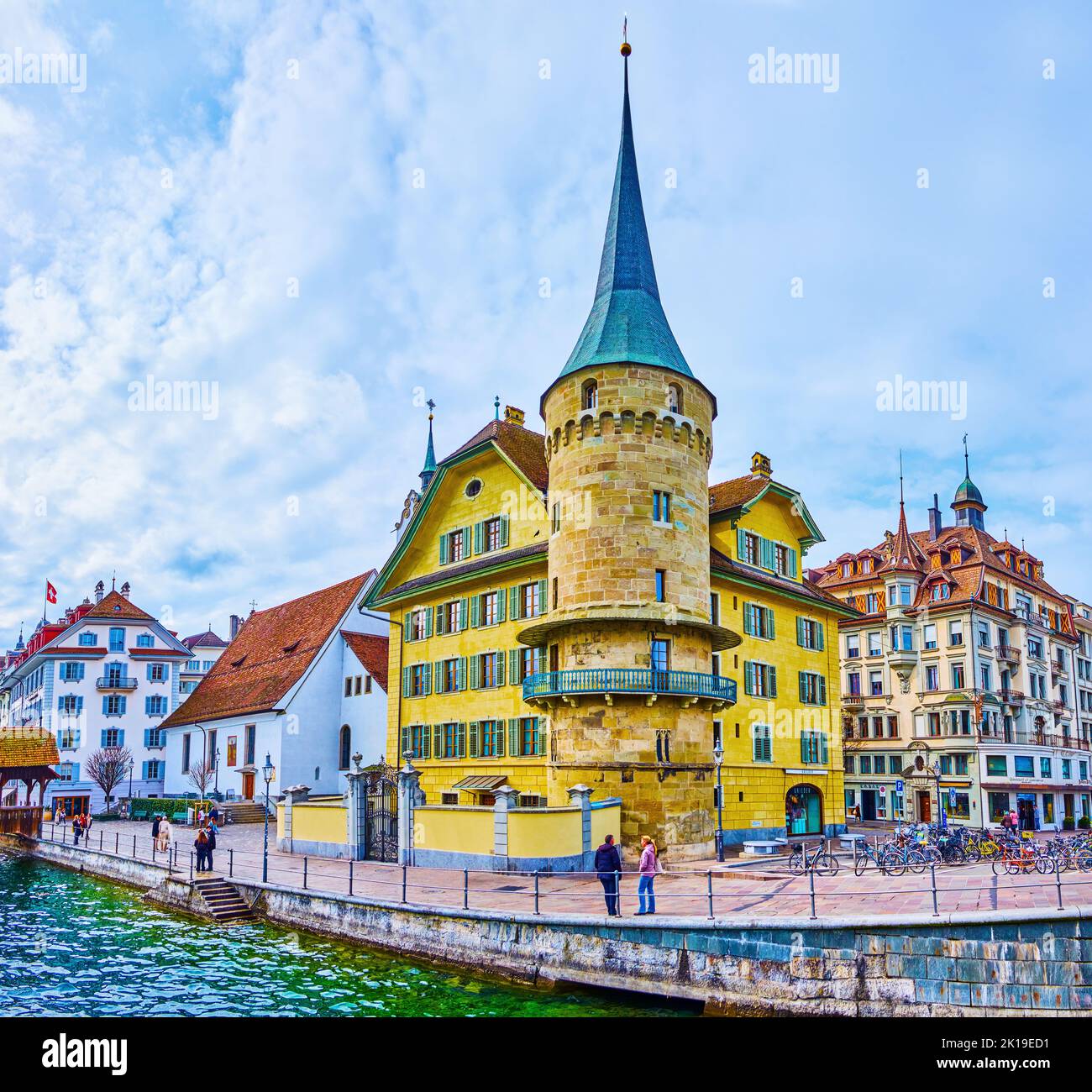 LUCERNE, SWITZERLAND - MARCH 30, 2022: Outstanfing historical building with the tower, nowadays served as a Grieder department store, on March 30 in L Stock Photo