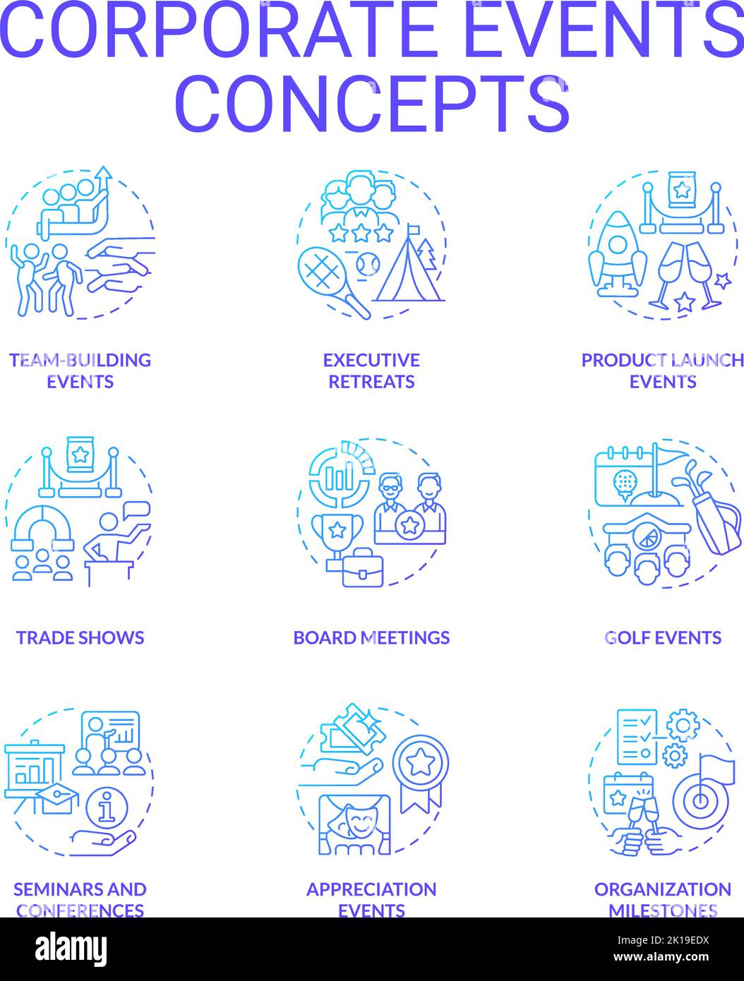 Corporate events blue gradient concept icons set Stock Vector Image ...