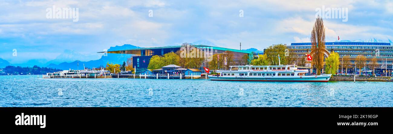 LUCERNE, SWITZERLAND - MARCH 30, 2022: Culture and Congress Centre (Luzern KKL) on the bank of Lucern Lake, on March 30 in Lucerne, Switzerland Stock Photo