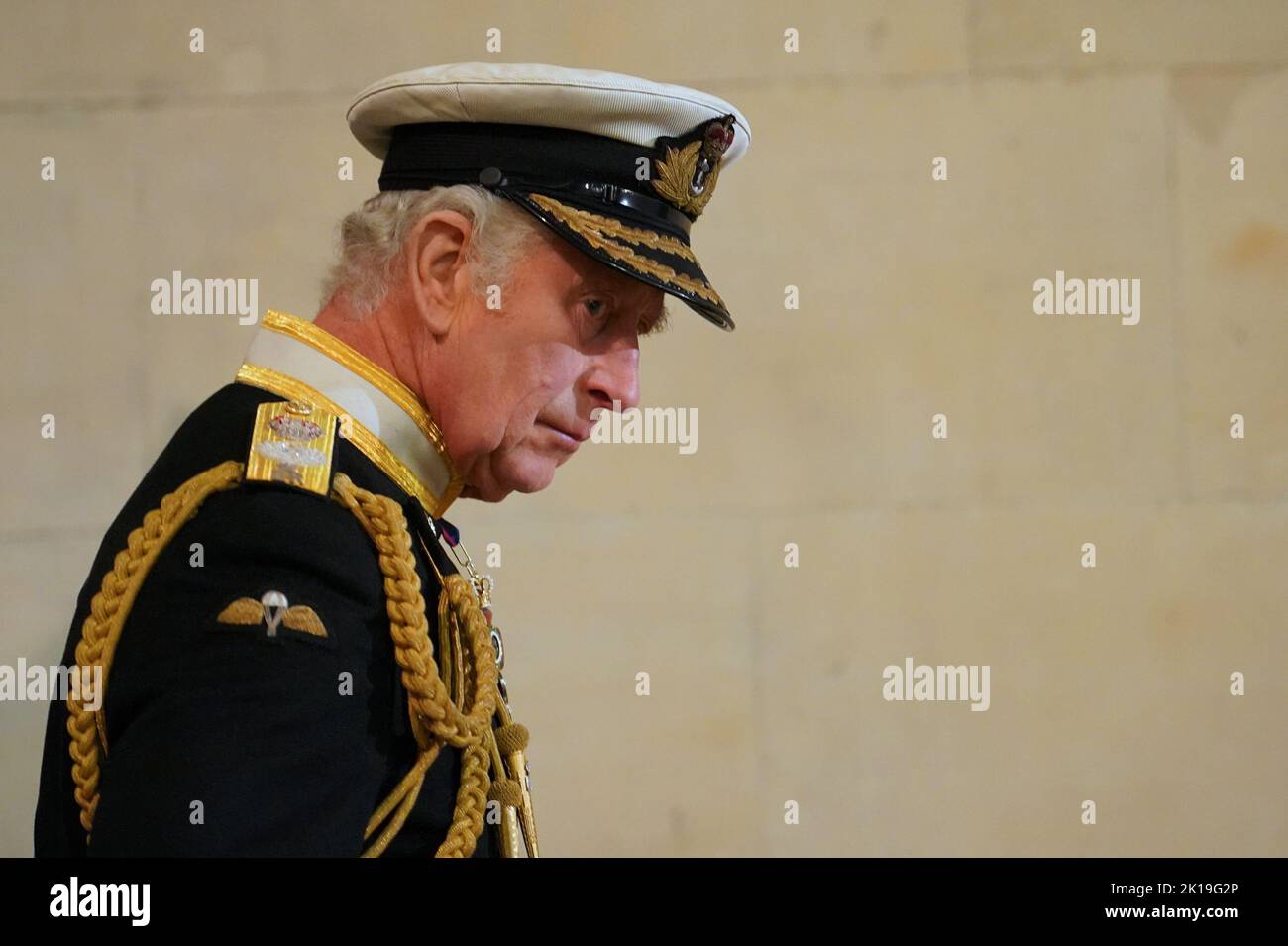 King Charles III arrives to stand vigil beside the coffin of his mother, Queen Elizabeth II, as it lies in state on the catafalque in Westminster Hall, at the Palace of Westminster, London. Picture date: Friday September 16, 2022. Stock Photo