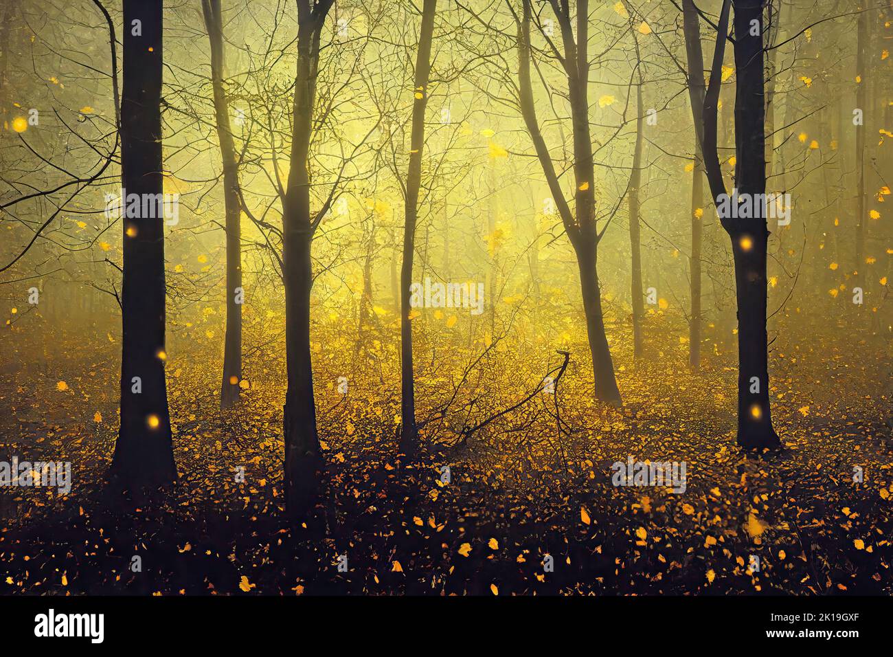 Enchanted forest during leaf fall, mysterious golden mist in the woods at dusk. Digital illustration based on render by neural network Stock Photo