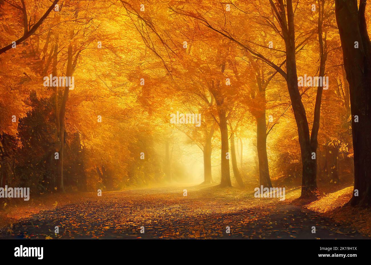 Golden trees along an autumn park alley, misty day, falling leaves. Digital illustration based on render by neural network Stock Photo