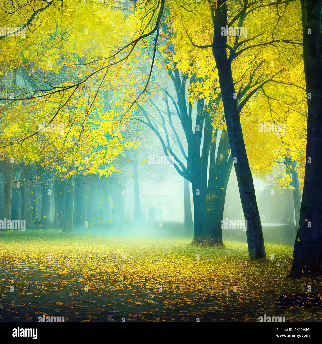 Cold misty morning in autumn park, yellow trees, falling leaves, square format. Digital illustration based on render by neural network Stock Photo