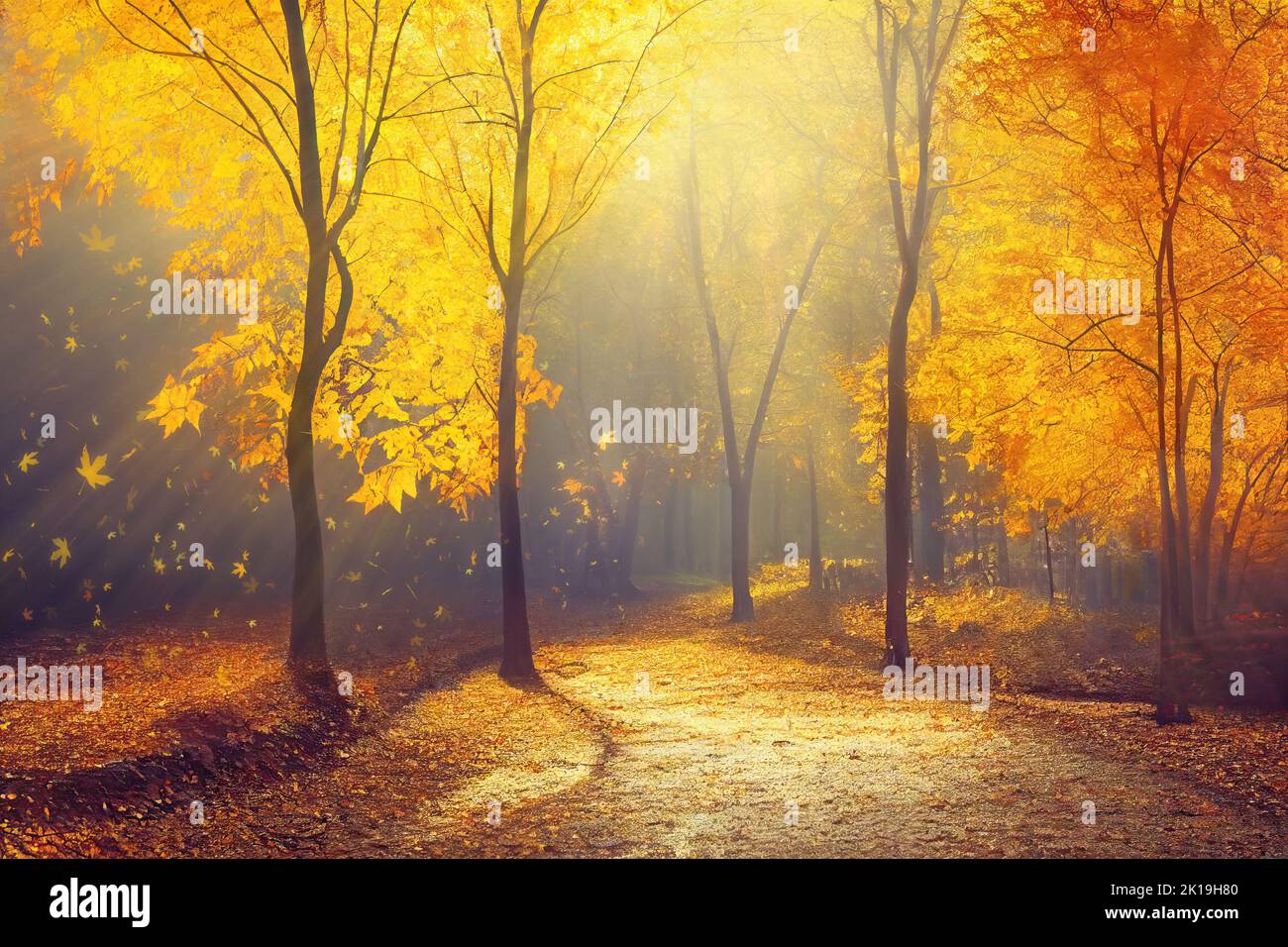 Falling leaves in autumn park, yellow and red maple trees along a sunlit alley. Digital illustration based on render by neural network Stock Photo
