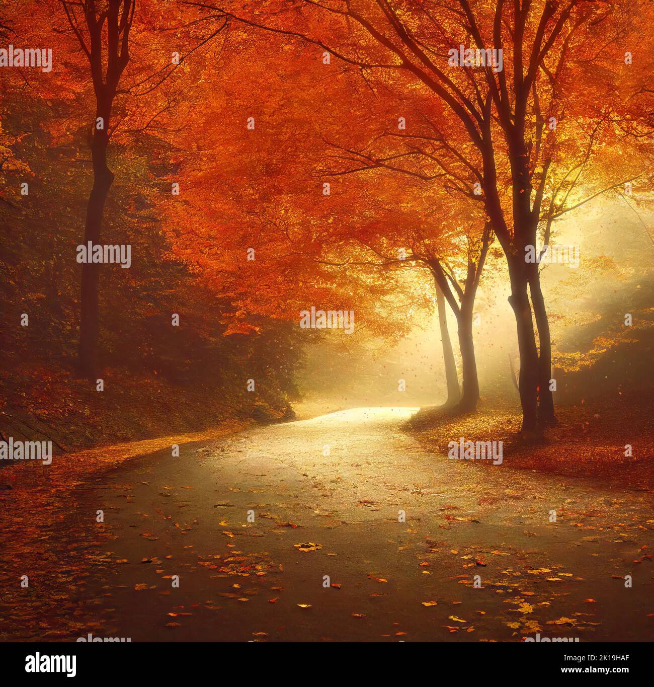 Misty morning in autumn park, red maple trees along an alley, square format. Digital illustration based on render by neural network Stock Photo