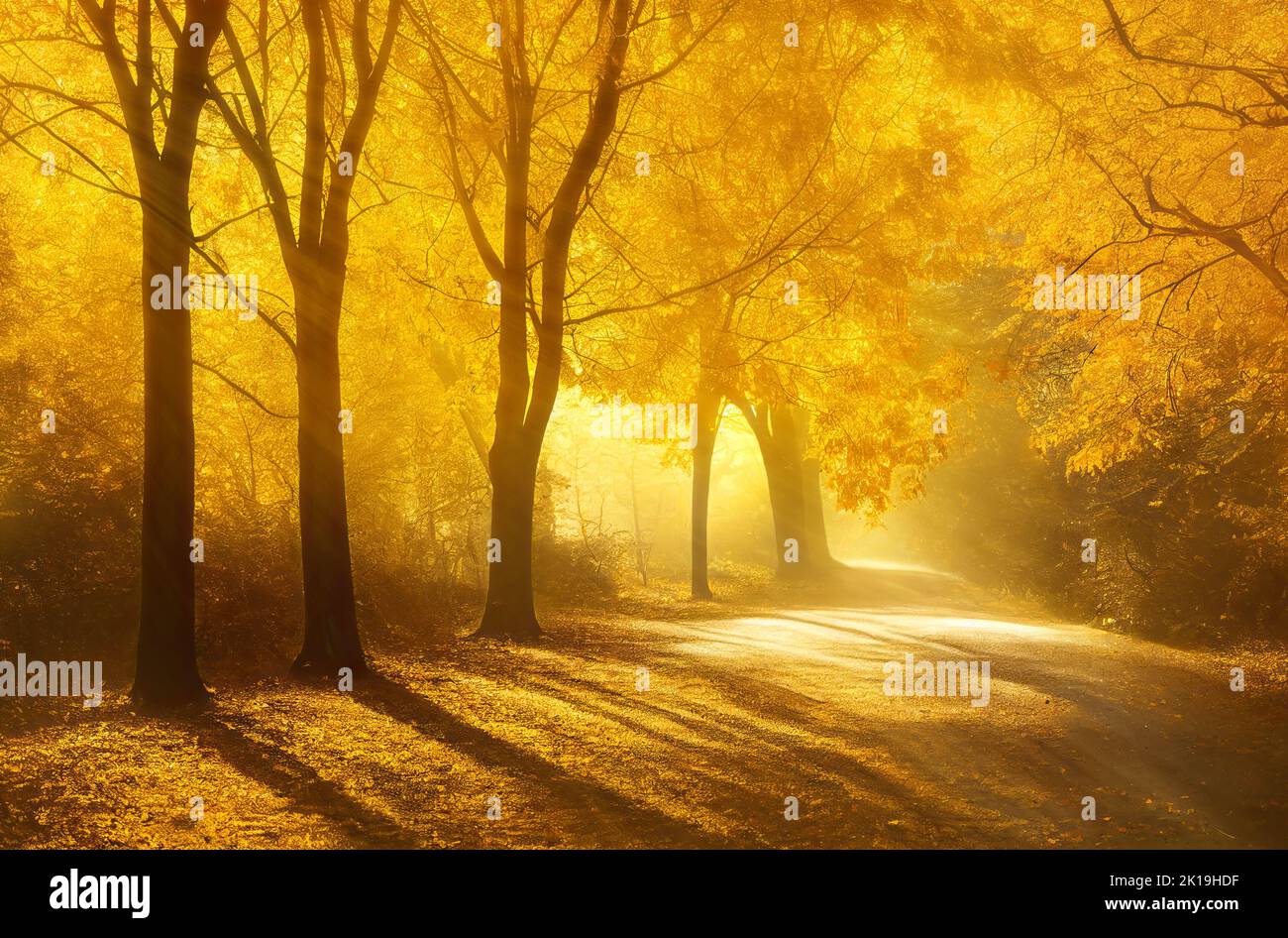 Sunlit alley in autumn park, golden leaves and yellow mist. Digital illustration based on render by neural network Stock Photo