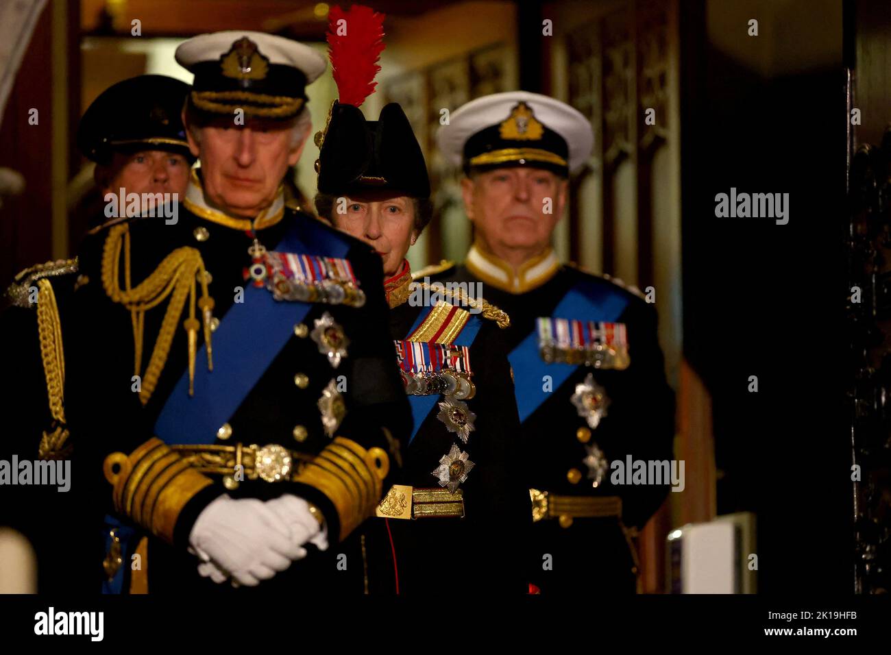 King Charles III, the Princess Royal, the Duke of York (right) and the Earl of Wessex (left)arrive to hold a vigil beside the coffin of their mother, Queen Elizabeth II, as it lies in state on the catafalque in Westminster Hall, at the Palace of Westminster, London. Picture date: Friday September 16, 2022. Stock Photo