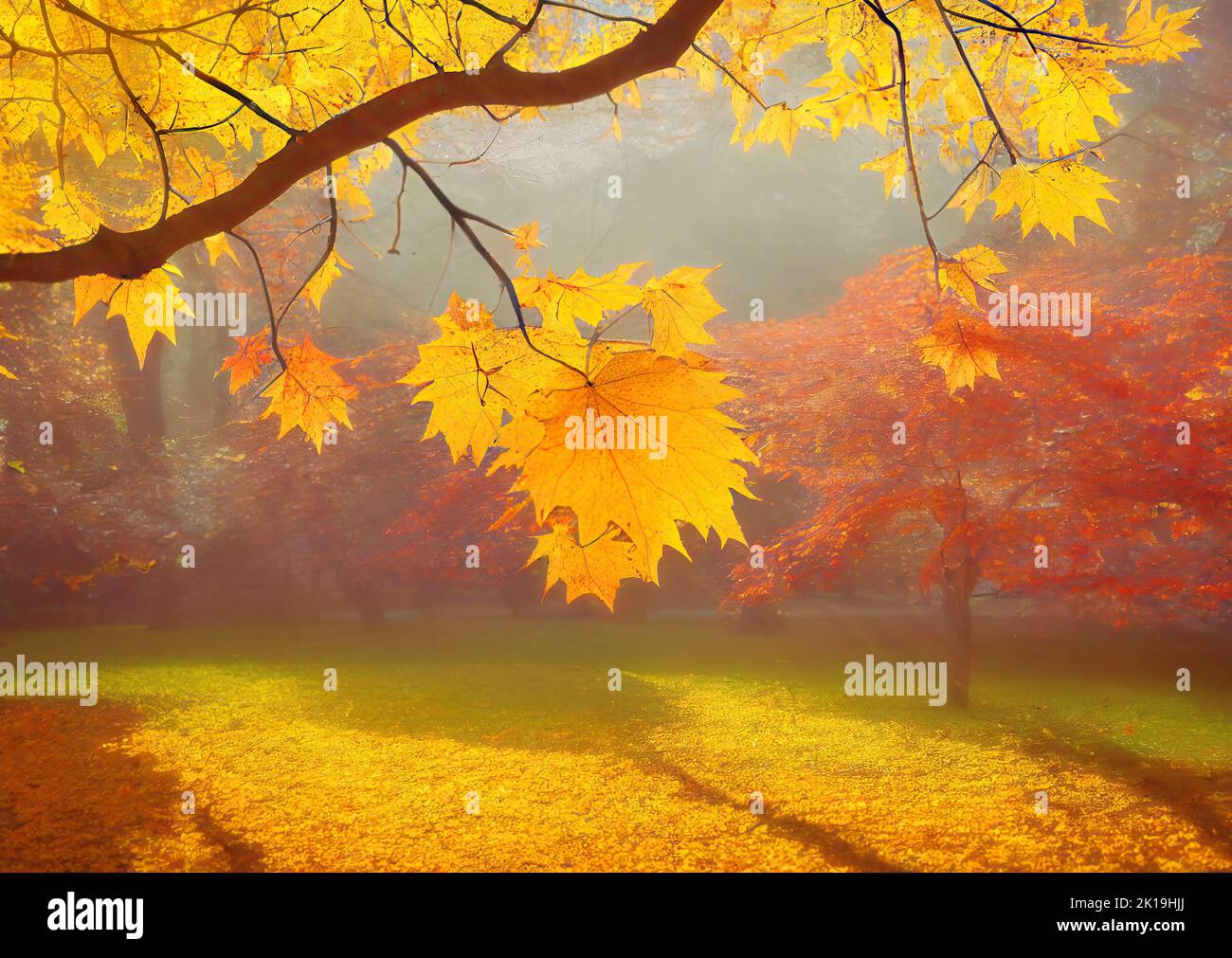 Maple tree branch with yellow autumn leaves, fall in a park, sunny day. Digital illustration based on render by neural network Stock Photo