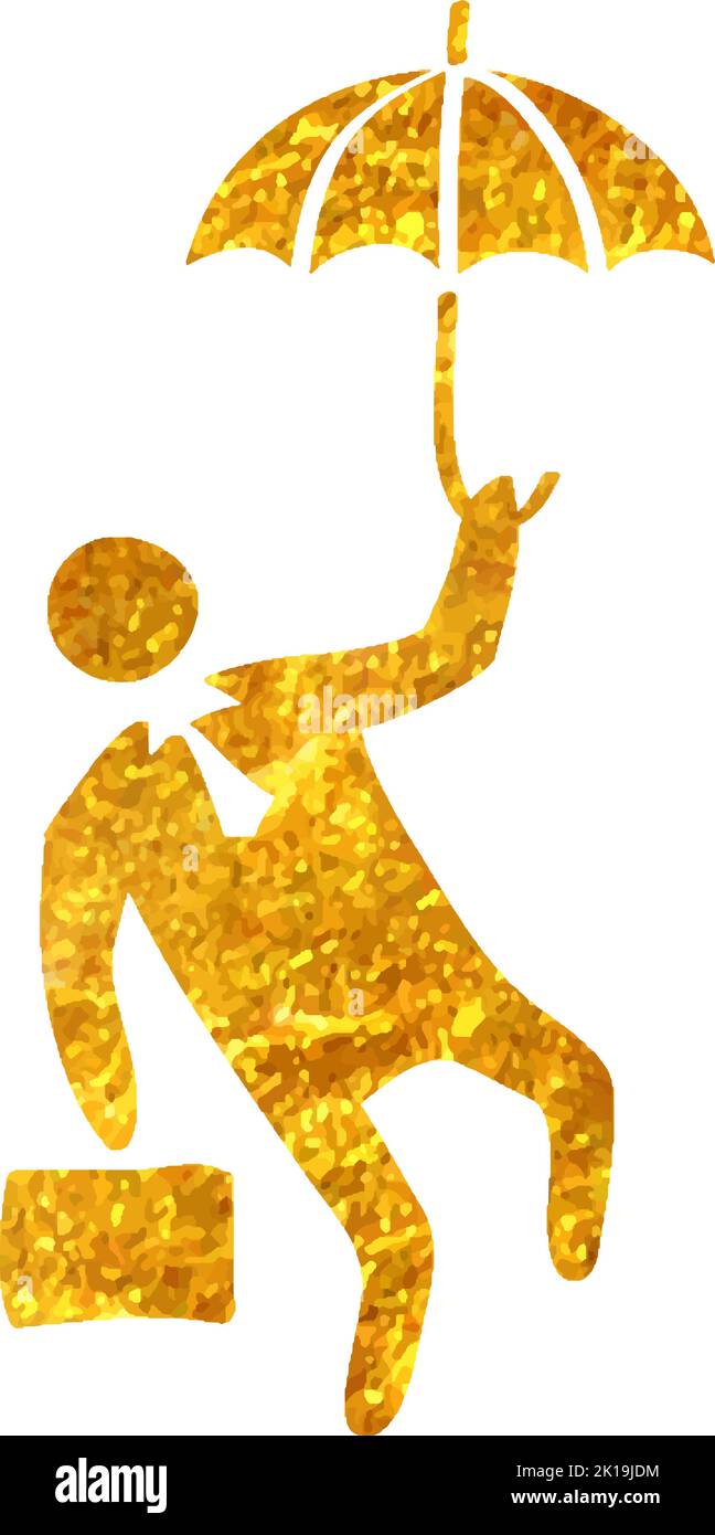 Hand drawn Businessman umbrella icon in gold foil texture vector ...