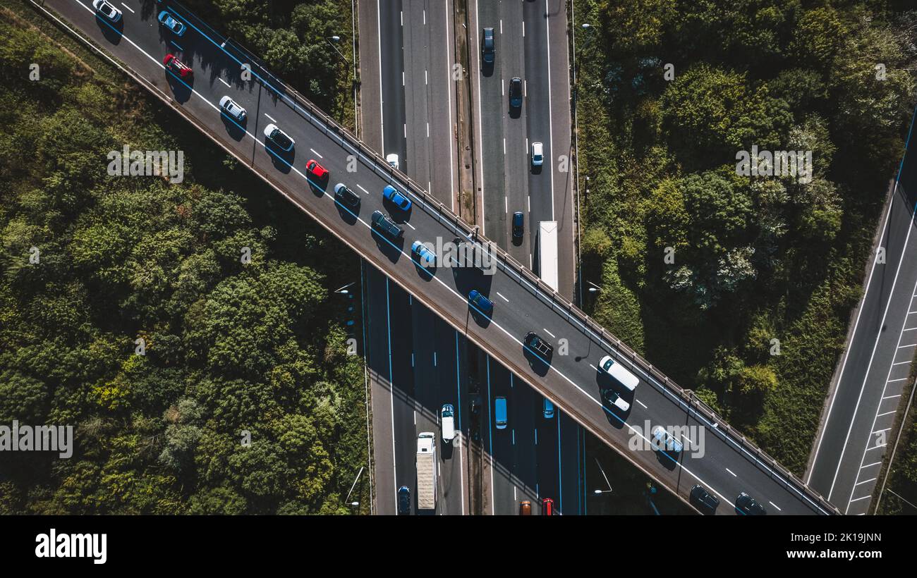 Aerial view of busy motorway Stock Photo