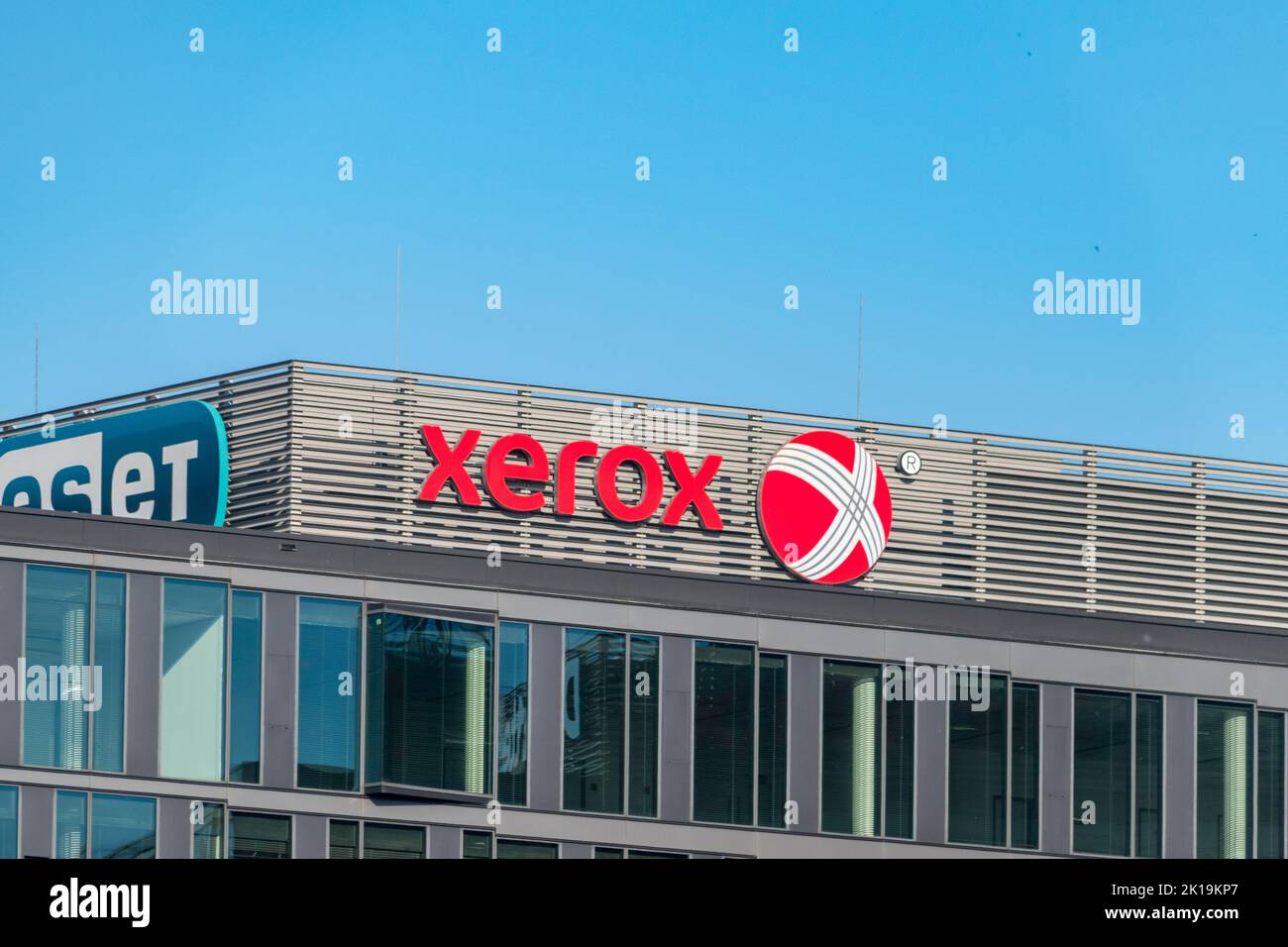 Bratislava, Slovakia - May 31, 2022: Logo and sign of Xerox. Xerox is an American corporation that sells print and digital document products and servi Stock Photo