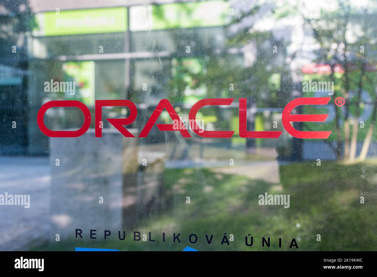 Bratislava, Slovakia - May 31, 2022: Red logo of Oracle. Oracle Corporation is an American multinational computer technology corporation headquartered Stock Photo