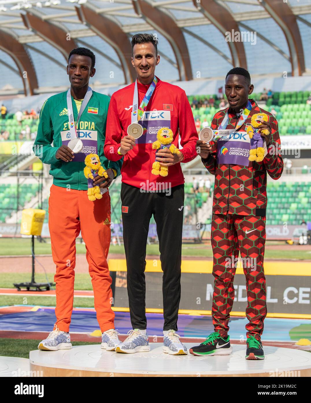 Lamecha Girma, Soufiane El Bakkali and Conseslus Kipruto medal ceremony