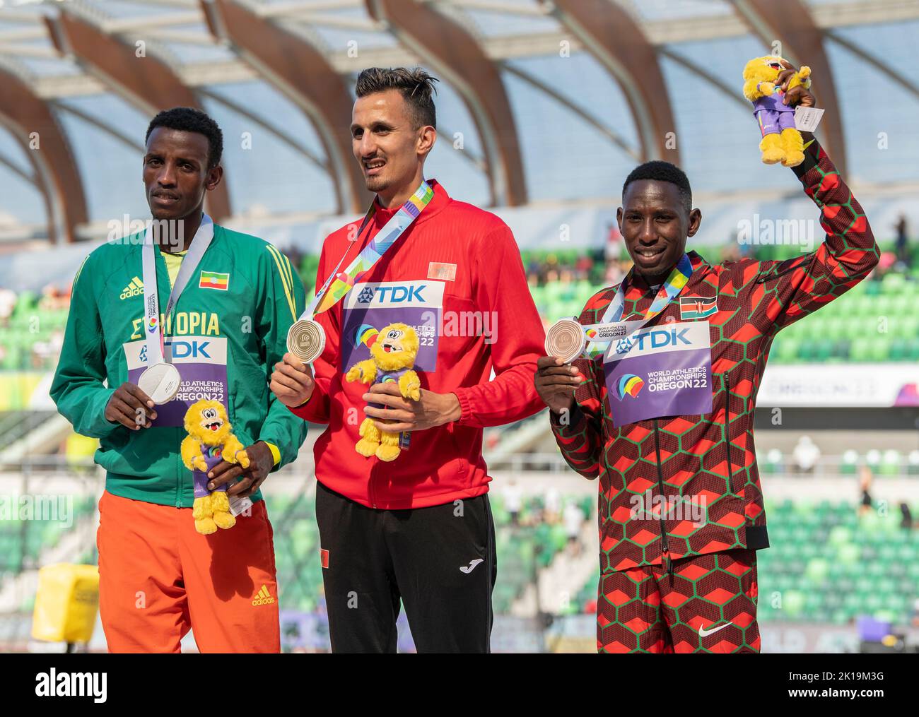 Lamecha Girma, Soufiane El Bakkali and Conseslus Kipruto medal ceremony