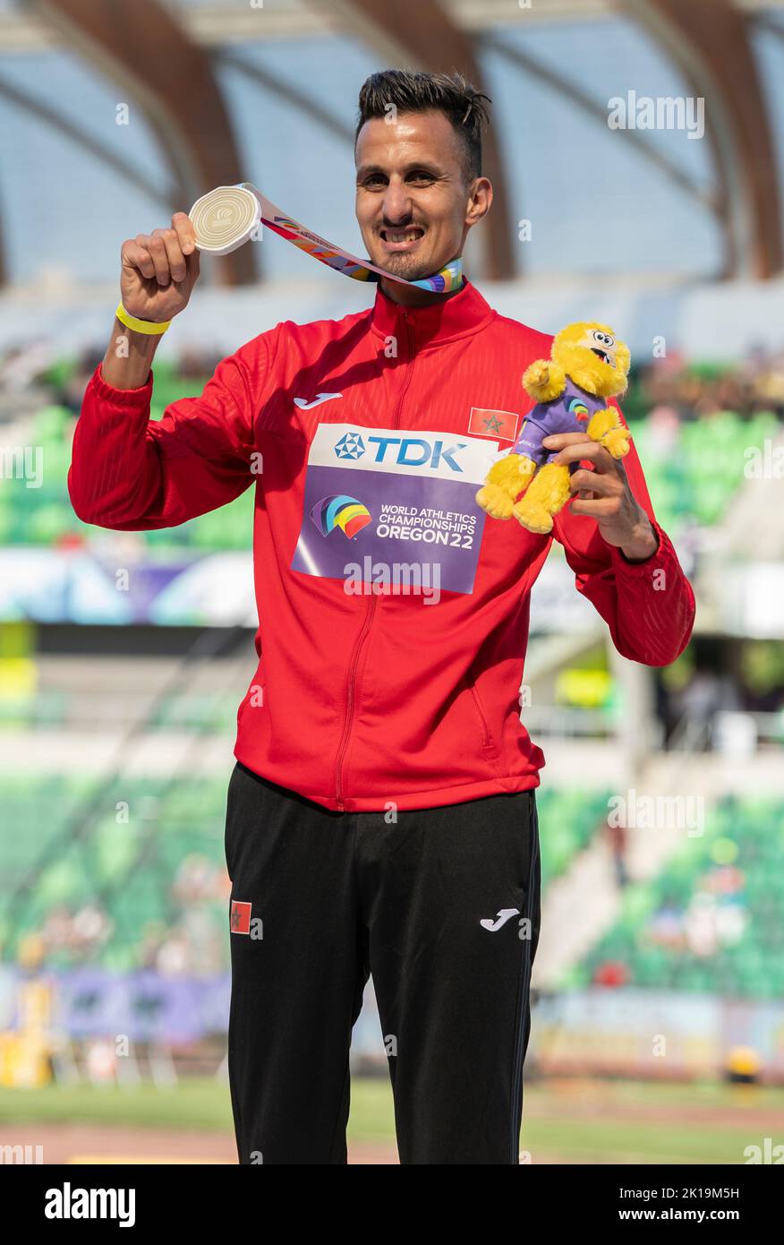 Soufiane El Bakkali of Morocco gold medal ceremony for the men’s 3000m