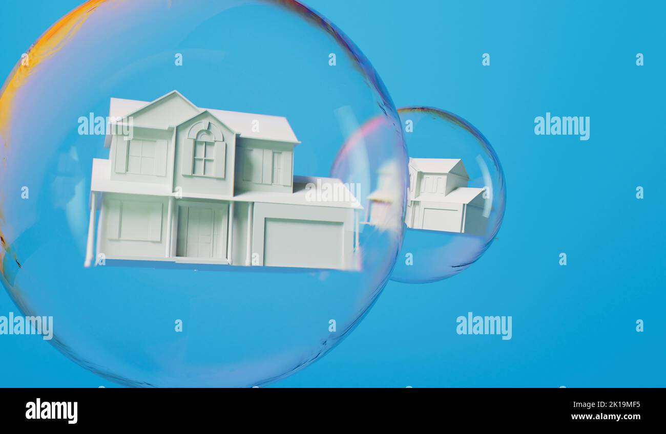 Housing bubble concept. White home in a transparent bubble. Property
