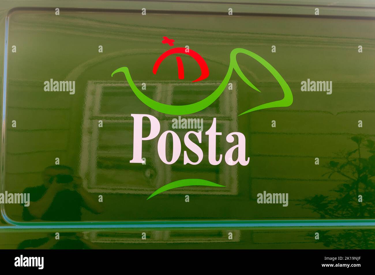 Szombathely, Hungary - June 1, 2022: Logo and sign of Hungarian post (Posta). Stock Photo