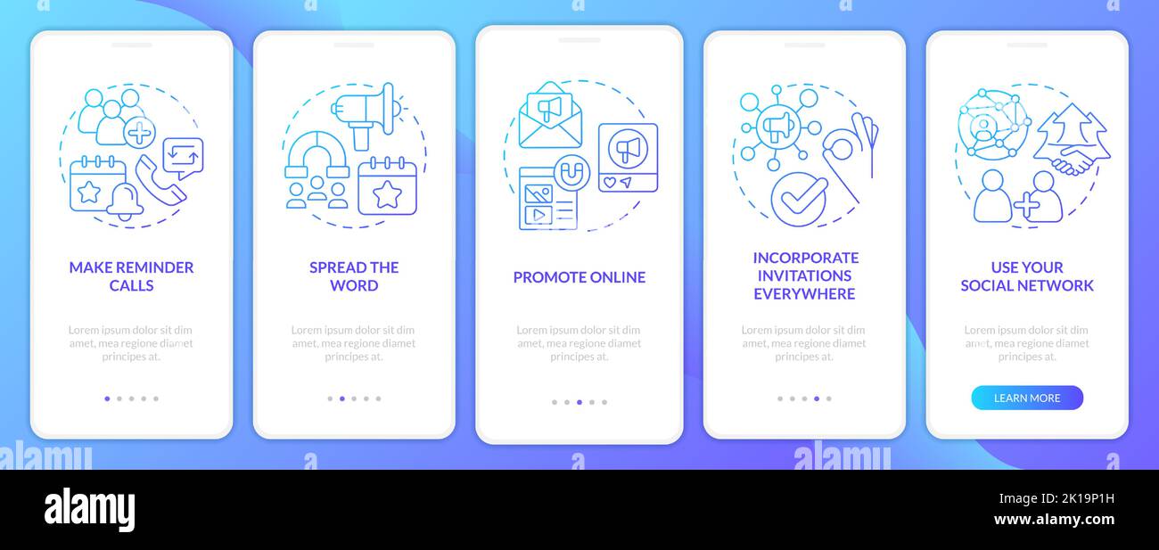 Engaging guests on business meeting blue gradient onboarding mobile app ...