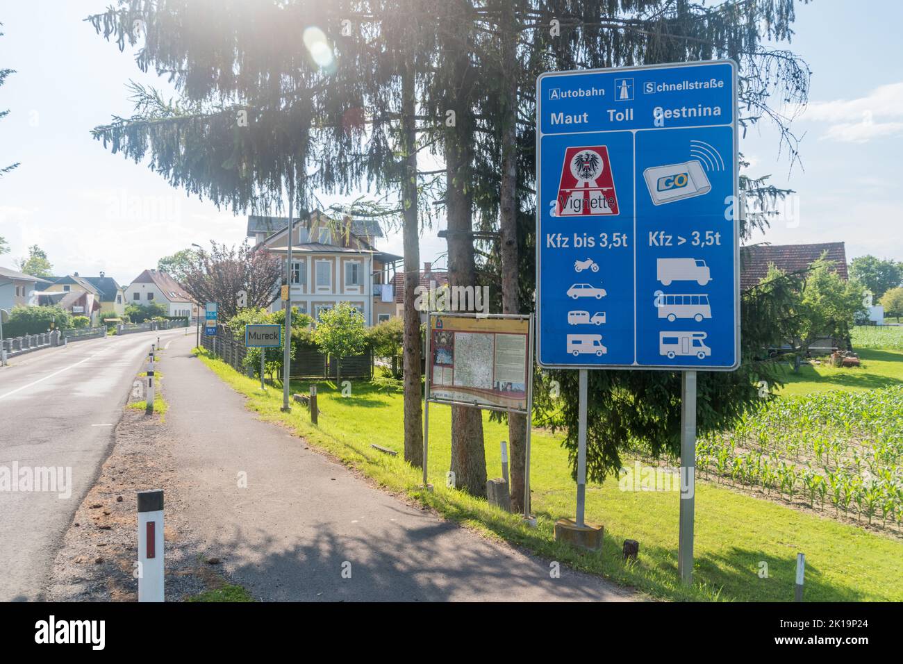 Mureck, Austria - June 1, 2022: Entrance road to Austria with board information about toll. Stock Photo
