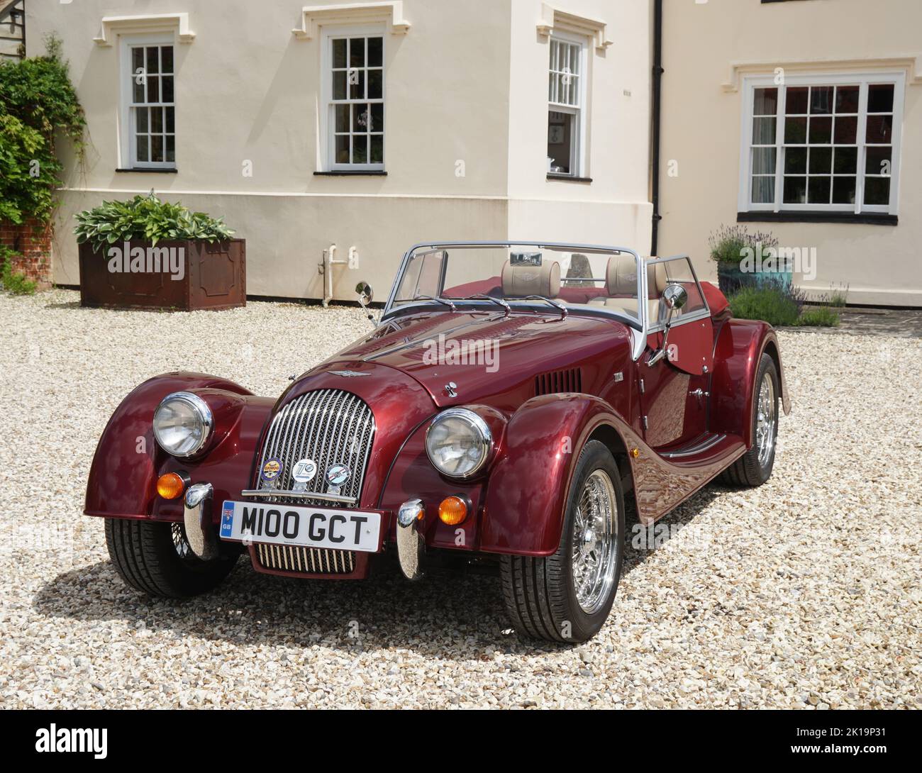 A Morgan classic car in front of Hendred House,  East Hendred, near Wantage, Oxfordshire Stock Photo