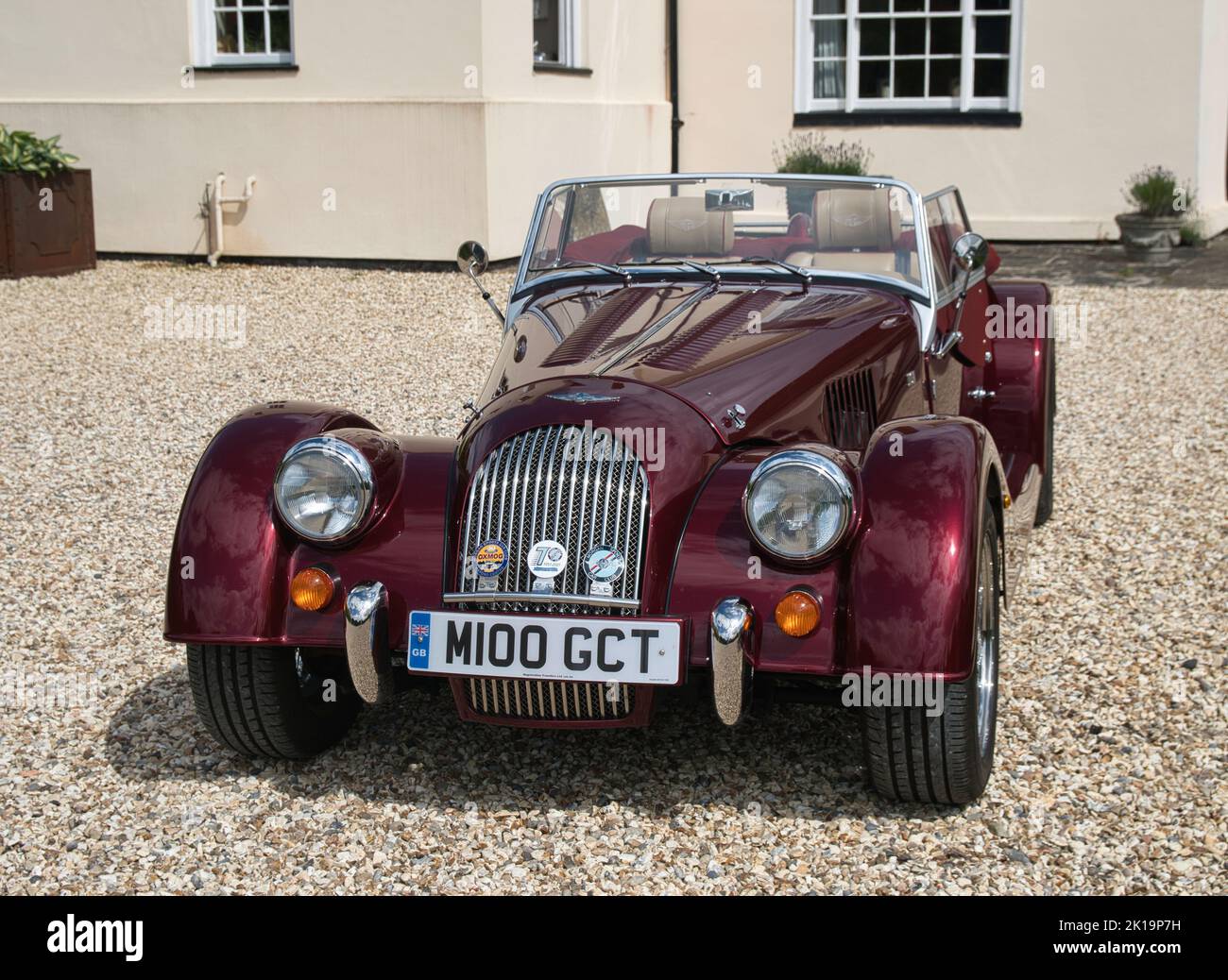 A Morgan classic car in front of Hendred House,  East Hendred, near Wantage, Oxfordshire Stock Photo